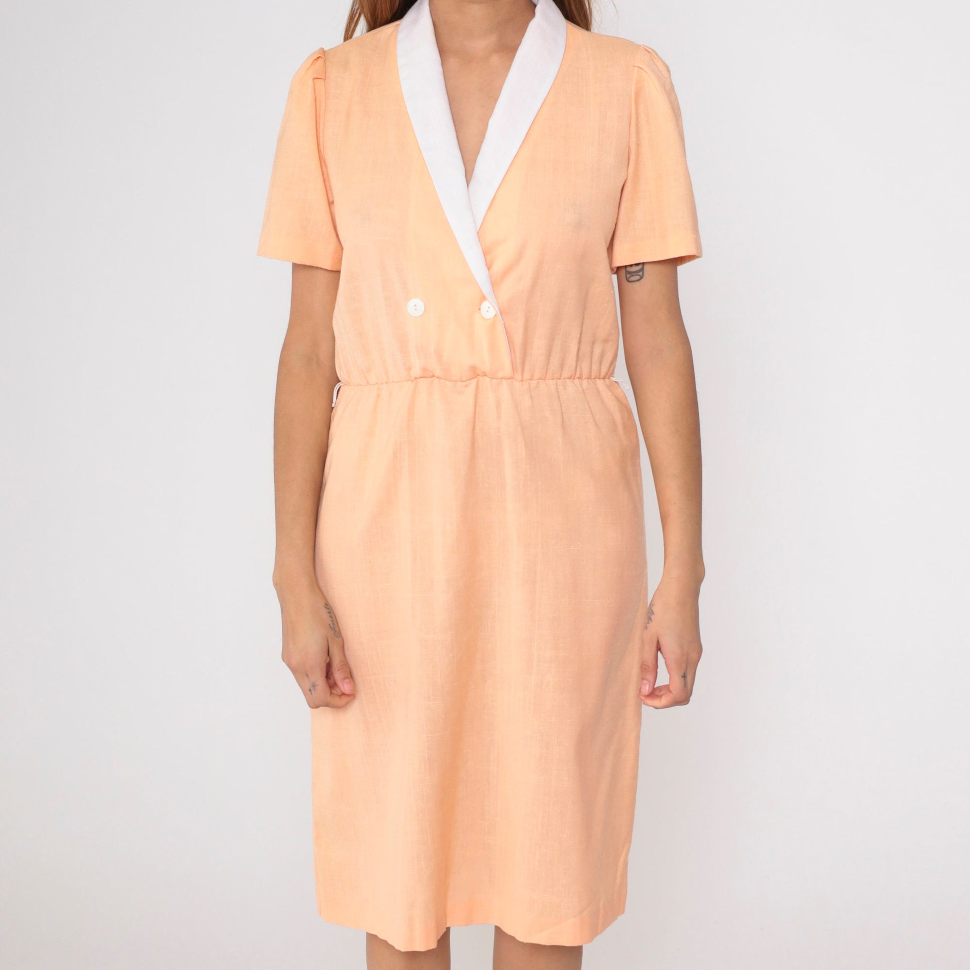80s Peach Wrap Dress Midi Double Breasted Puff Sleeve Secretary Medium