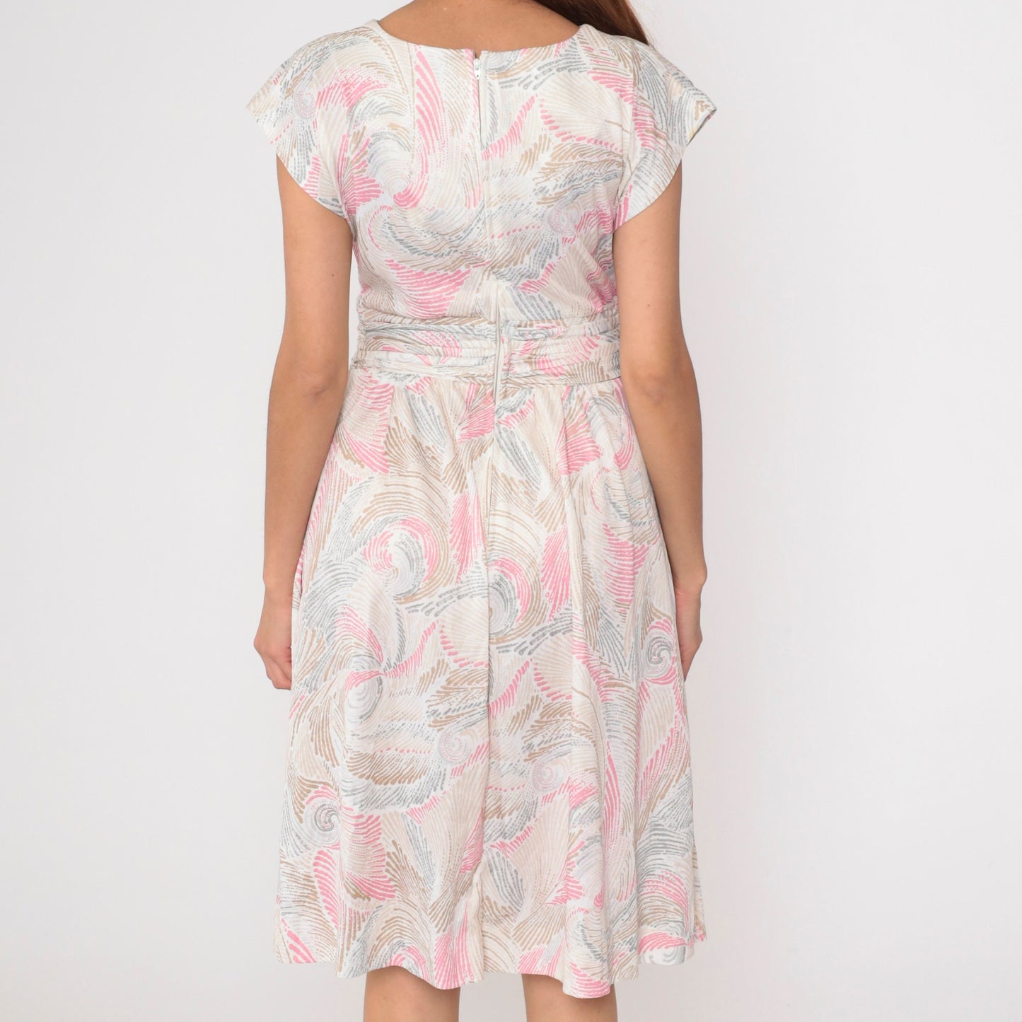 70s Wrap Dress Swirl Print Midi V-Neck High Waist Cap Sleeve White Pink Tan Medium