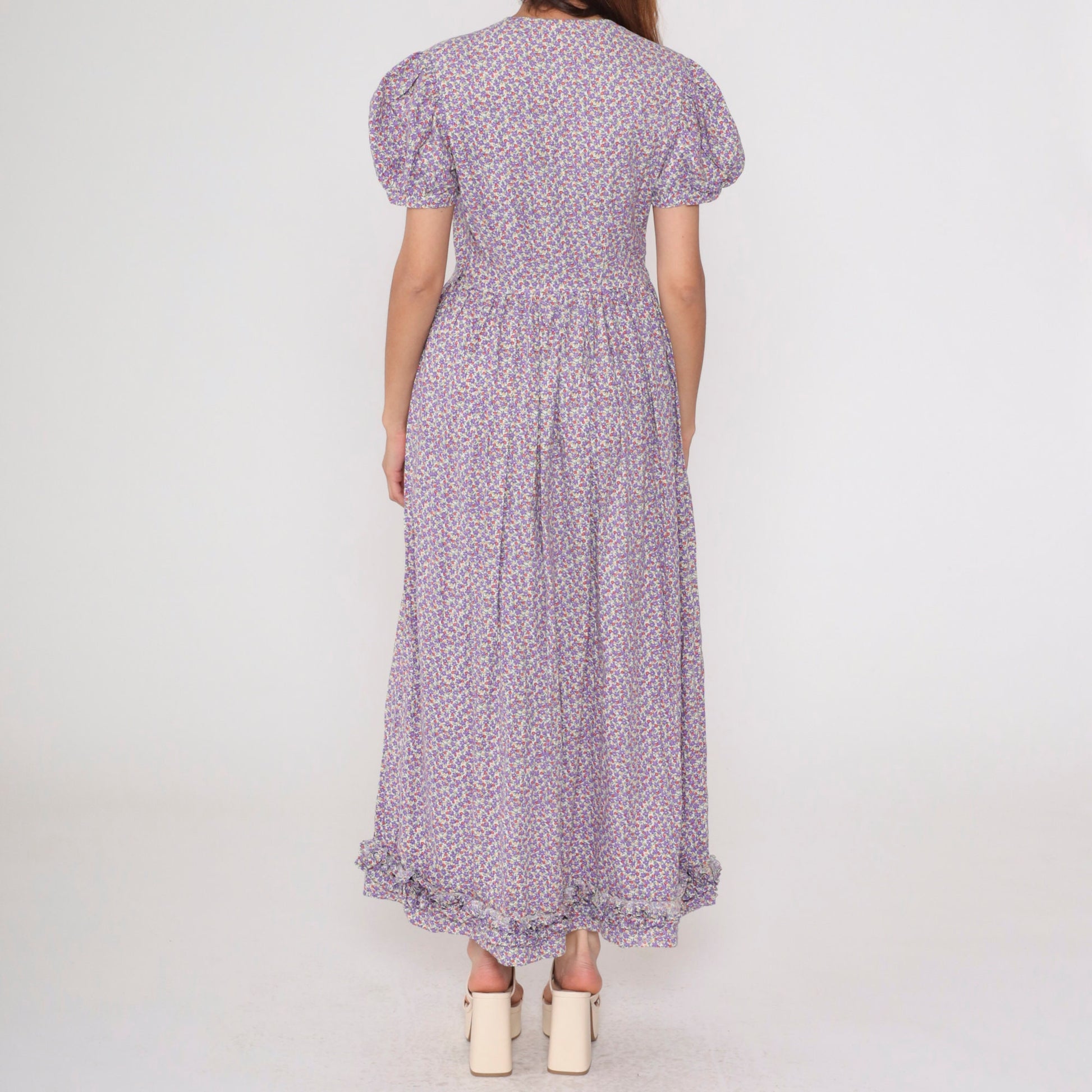 70s Purple Calico Floral Maxi Dress Puff Sleeve Low Waist Medium