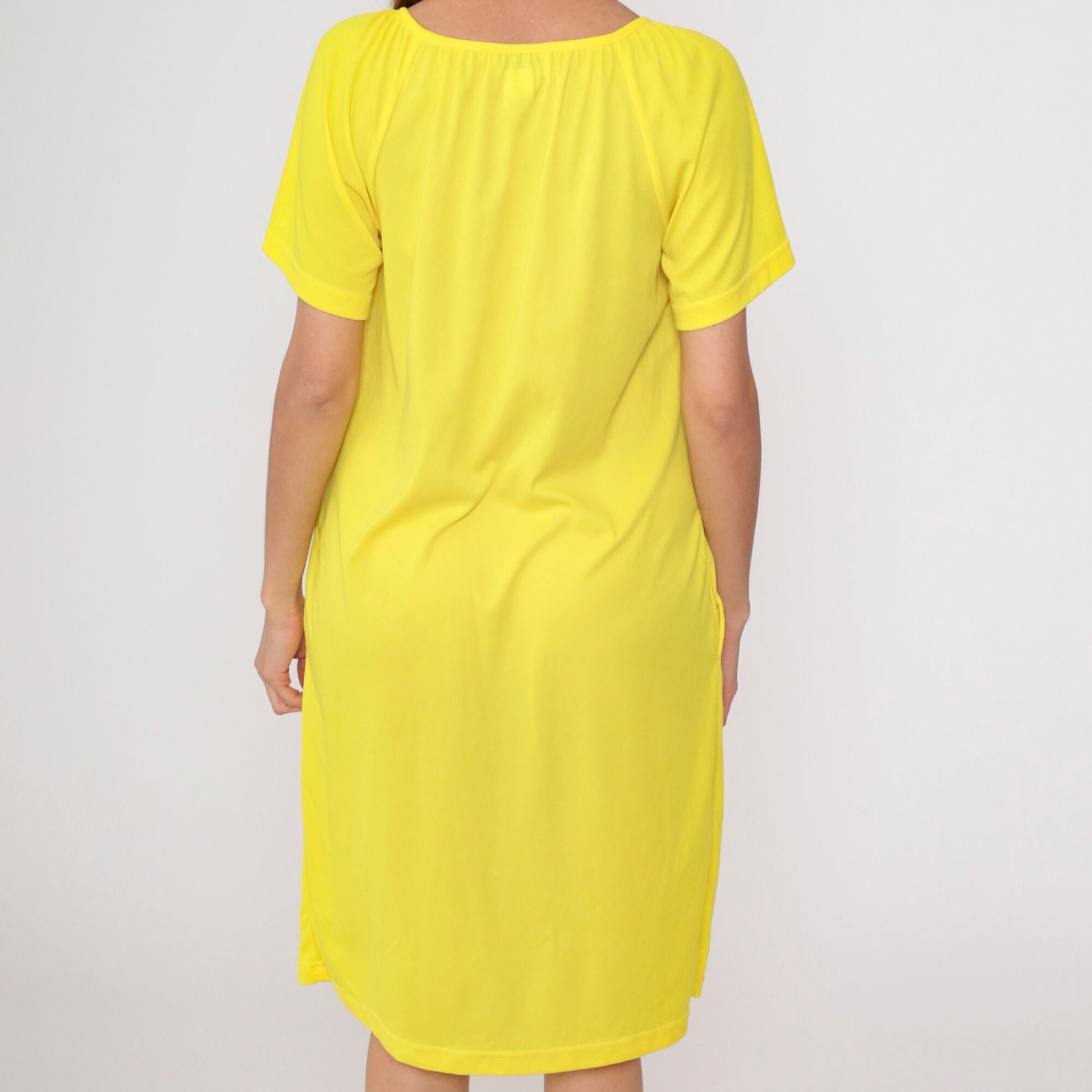 90s Yellow Floral Embroidered Midi Dress Short Sleeve Pockets Small S
