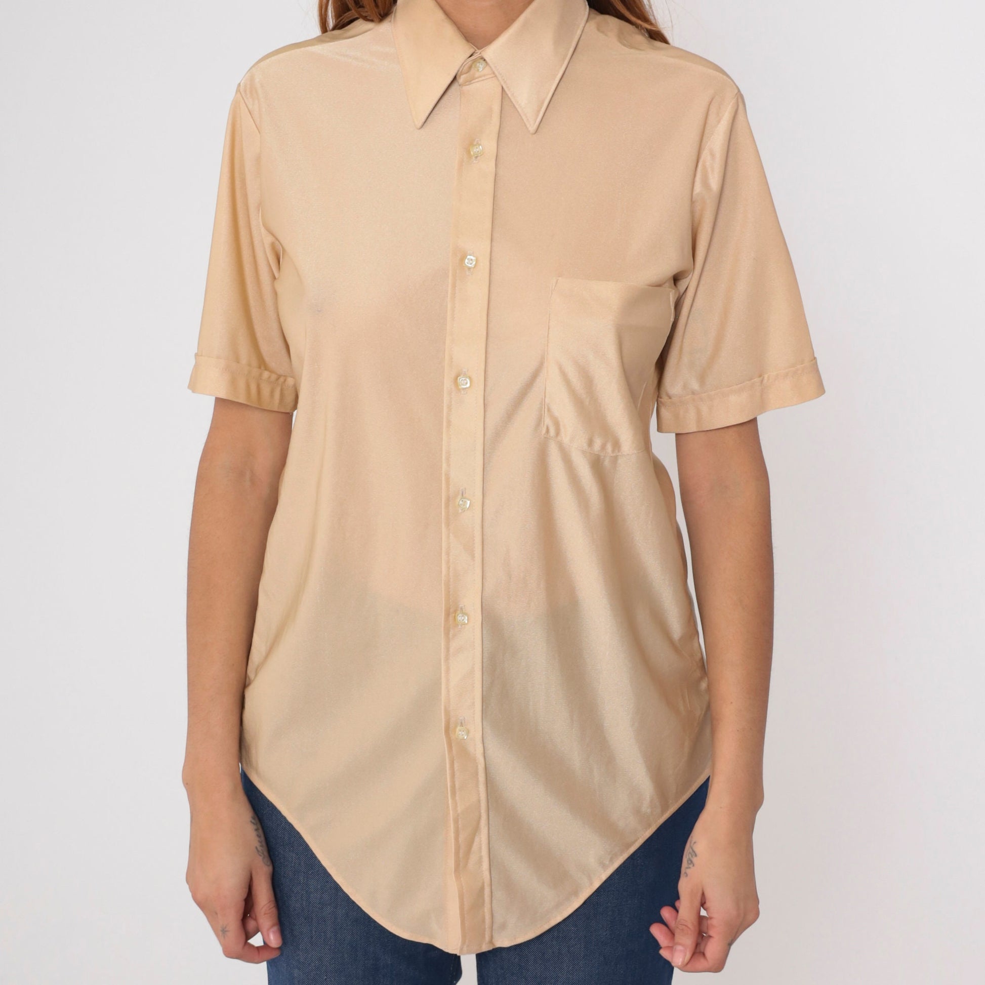 70s Tarleton Shimmery Beige Button-Up Shirt Dagger Collar Short Sleeve Men's 15