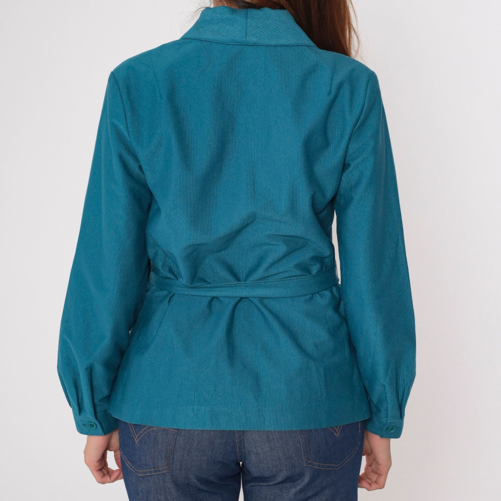 70s Teal Blue Belted Shawl Collar Jacket Ribbed Button Up Medium