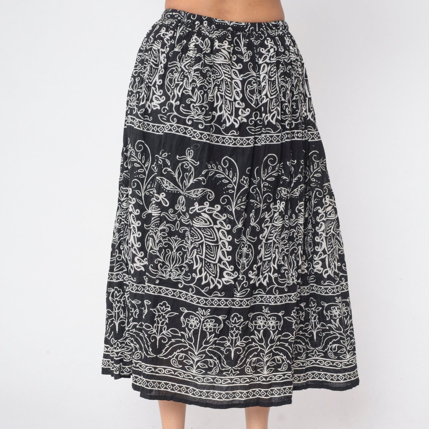 90s Jane Ashley Black Floral Midi Skirt Drawstring Waist Cotton Small