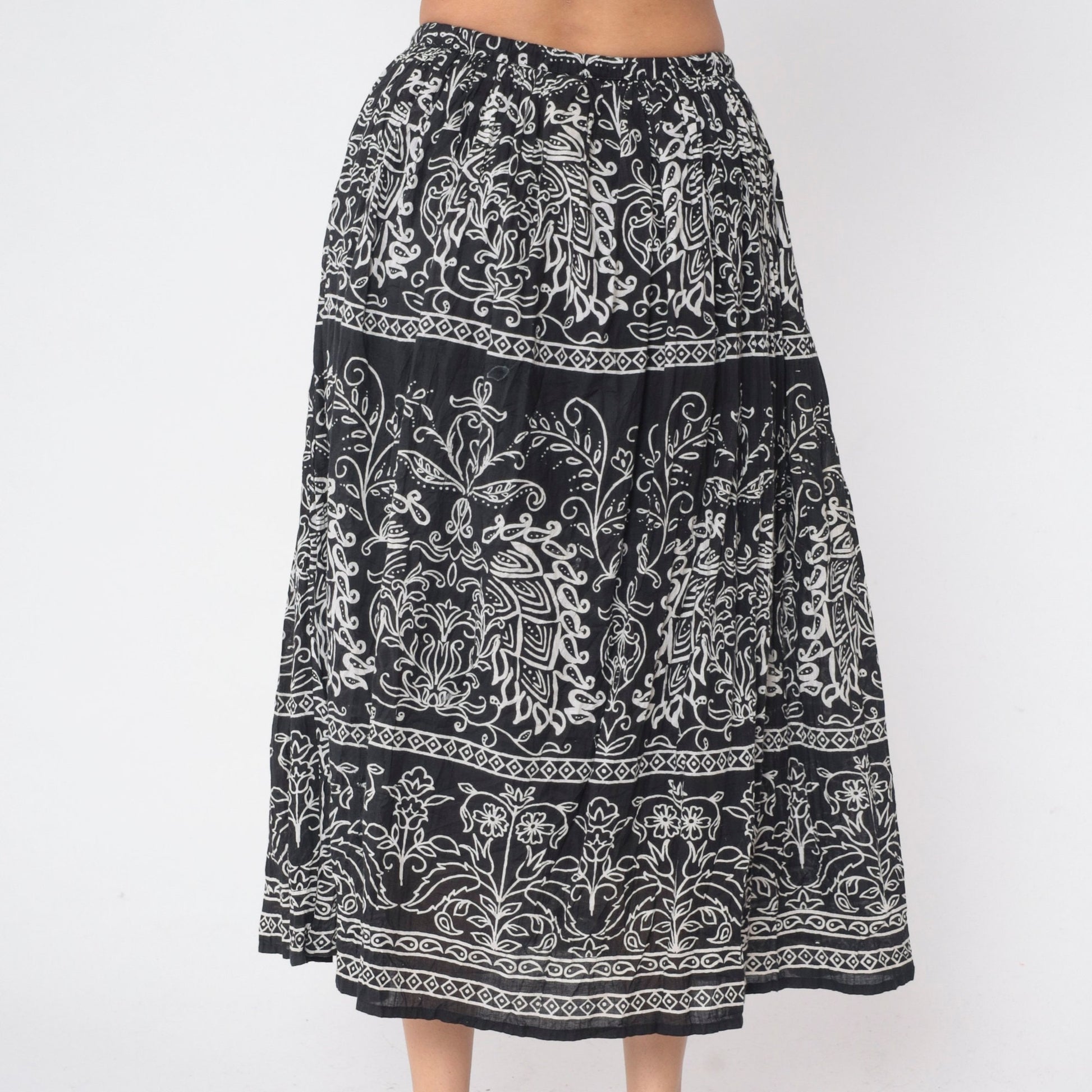 90s Jane Ashley Black Floral Midi Skirt Drawstring Waist Cotton Small