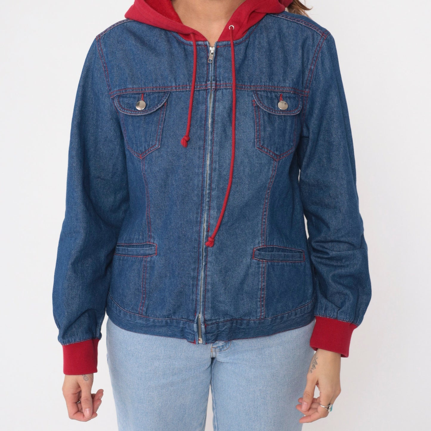 90s Forenza Hooded Denim Jacket Blue Red Sweatshirt Hood Zip Medium