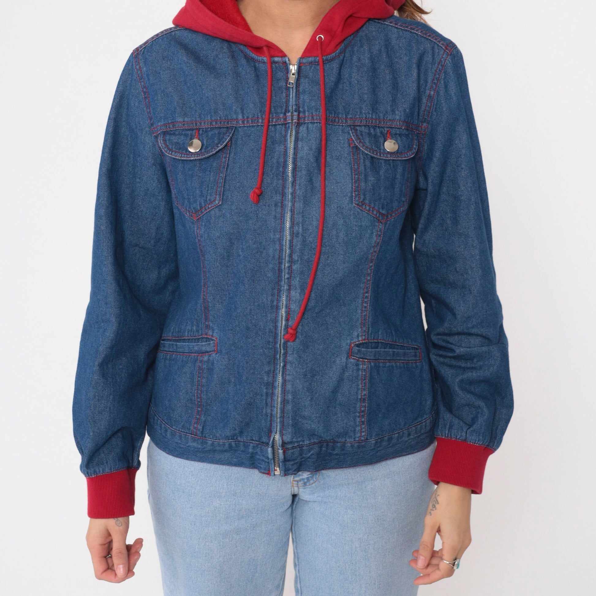 90s Forenza Hooded Denim Jacket Blue Red Sweatshirt Hood Zip Medium