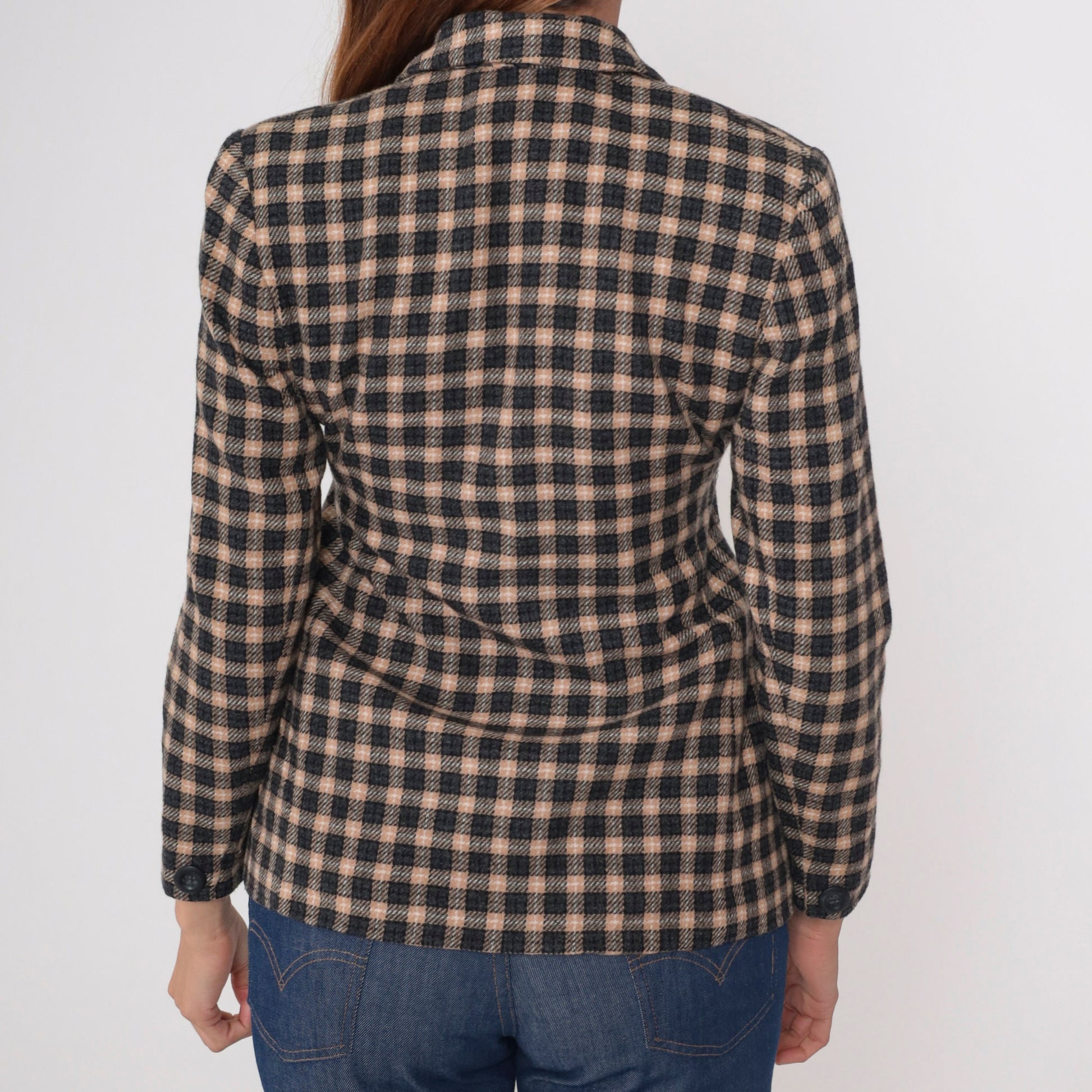 90s Petite Sophisticate Black Tan Checkered Wool Blazer Button-Up Jacket Extra Small
