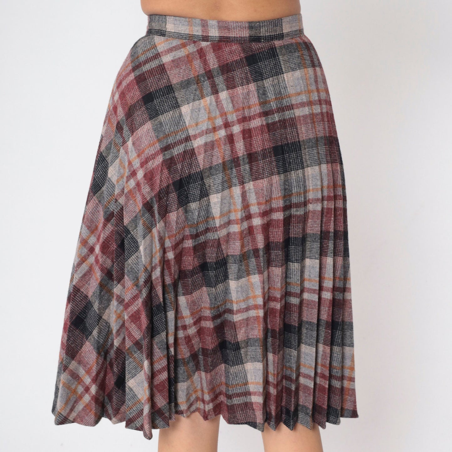 80s Plaid Wool Blend Pleated Skirt High Waist Knee Length Red Grey Small
