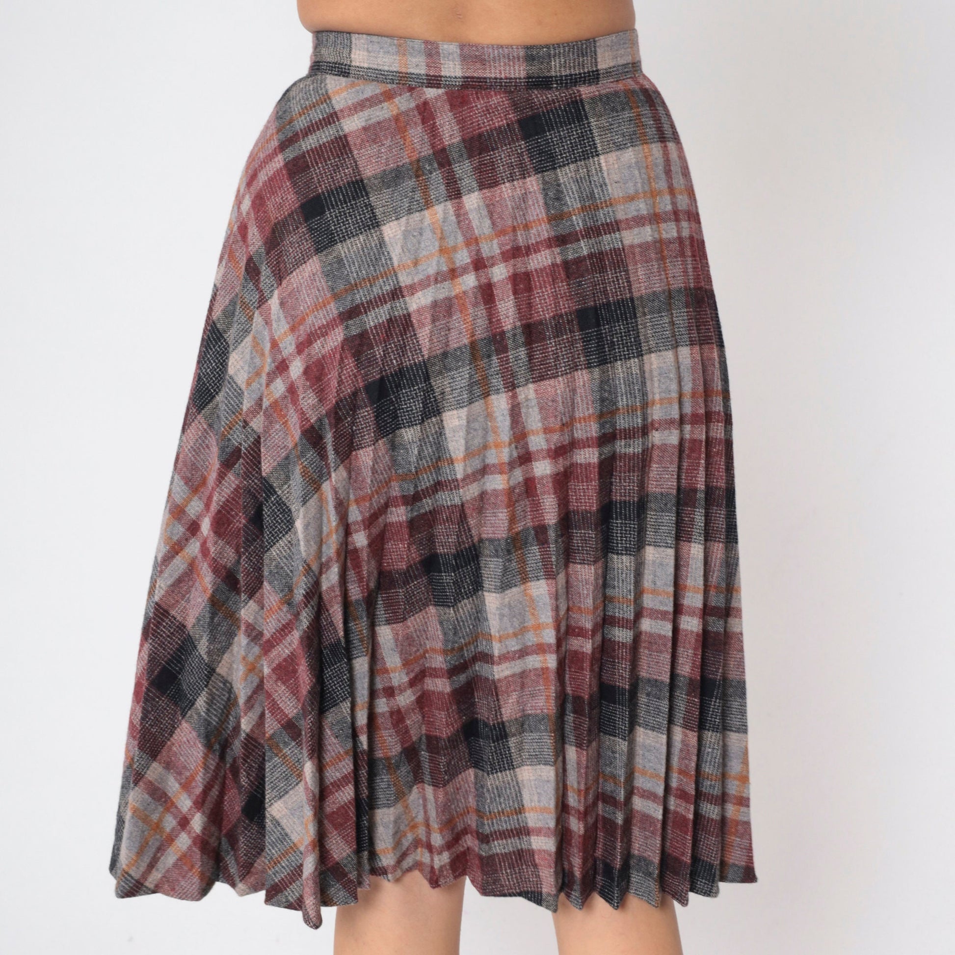 80s Plaid Wool Blend Pleated Skirt High Waist Knee Length Red Grey Small