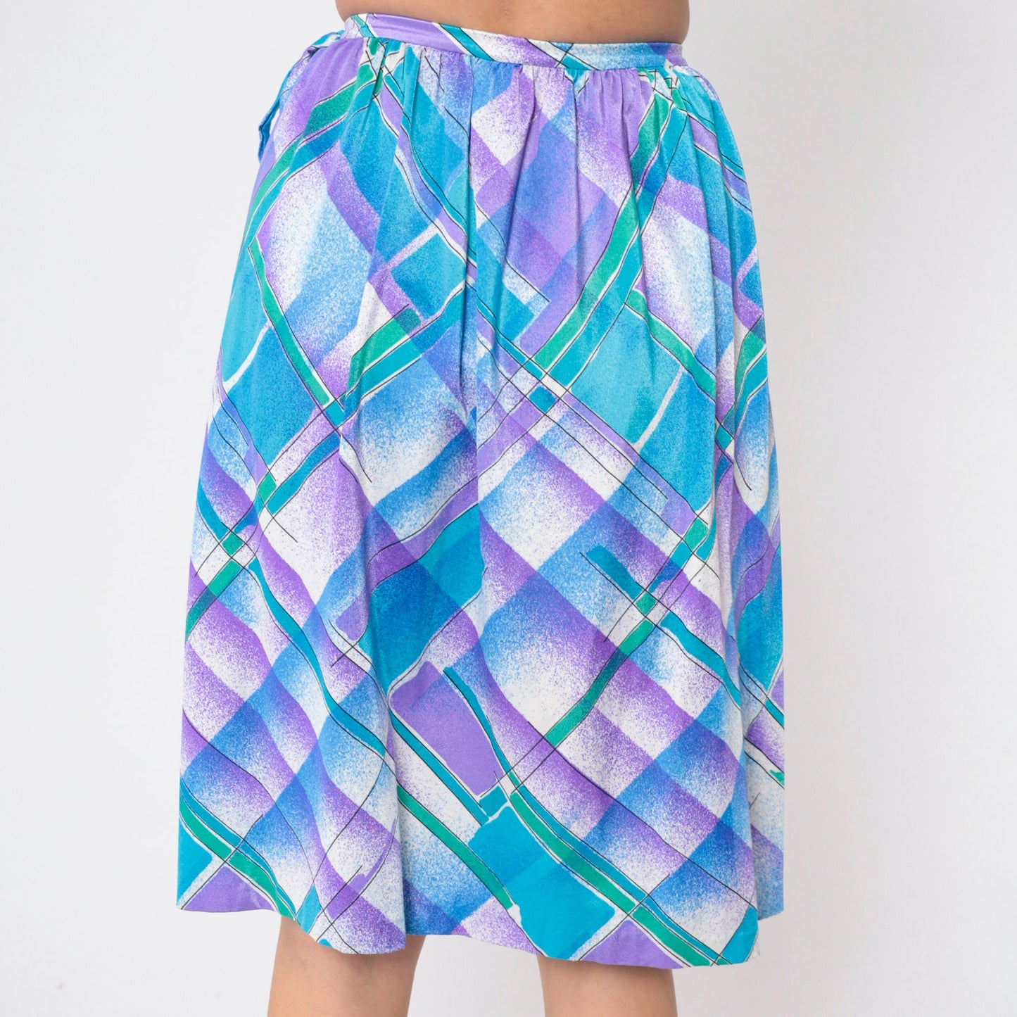 80s Checkered Knee Skirt Blue Purple White Plaid High Waist Tie Small