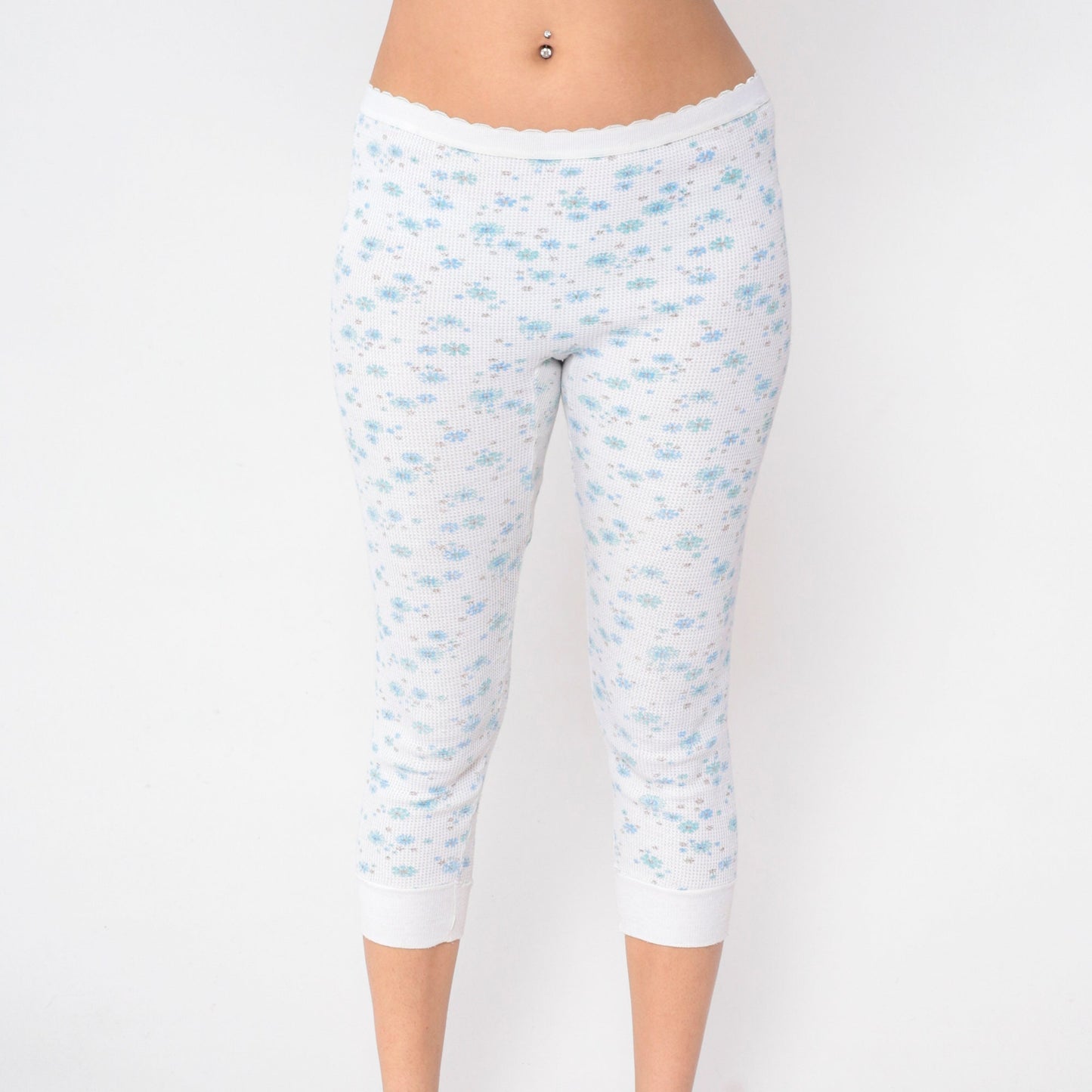 80s Floral Waffle Knit Thermal Capri Pants White Blue Print Medium