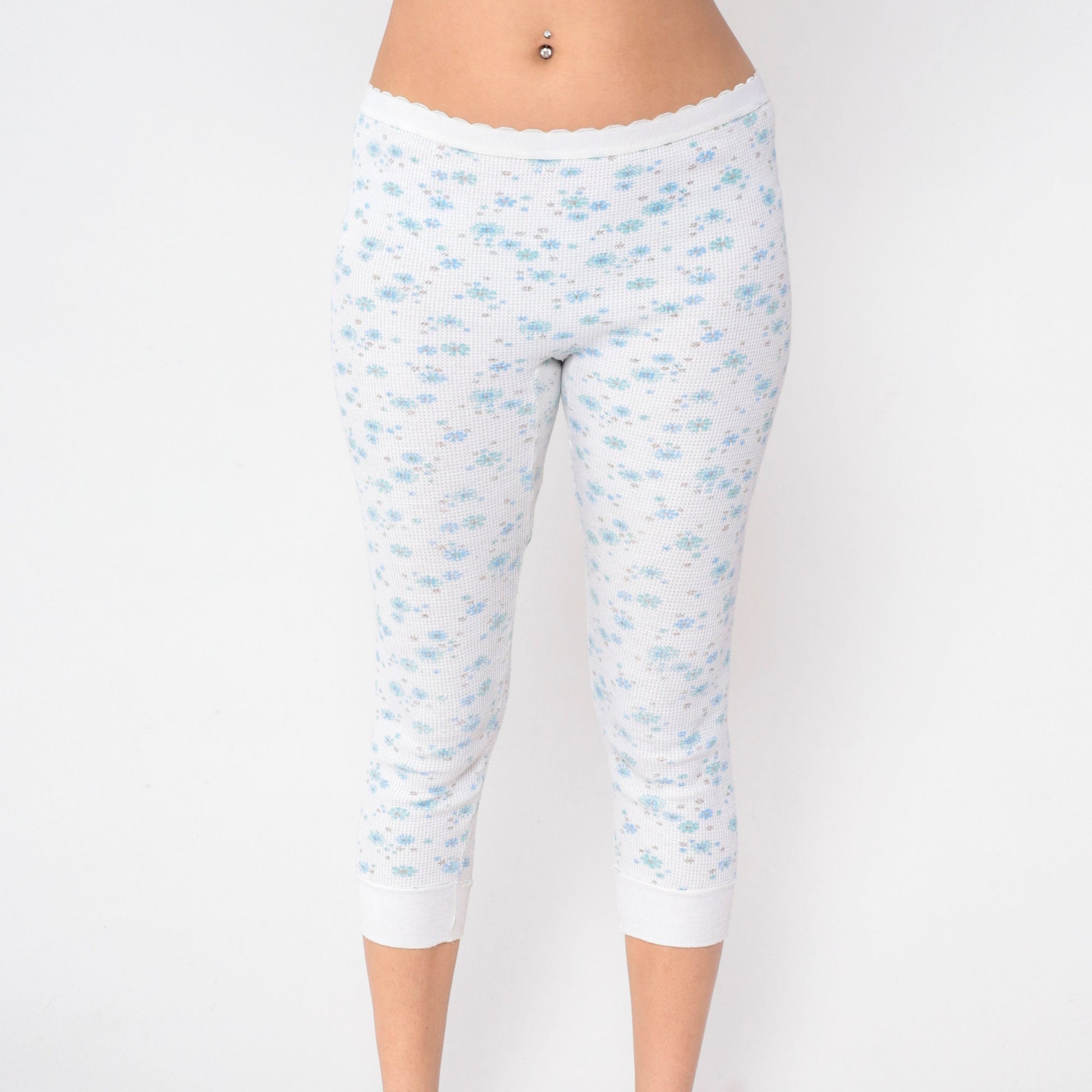 80s Floral Waffle Knit Thermal Capri Pants White Blue Print Medium