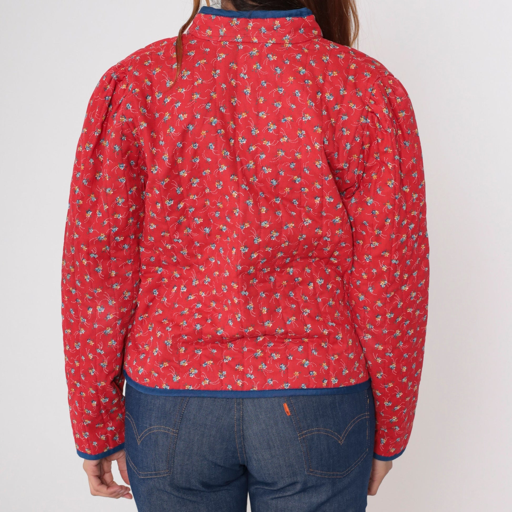 70s Fritzi Quilted Jacket Red Calico Floral Puff Sleeve Mandarin Collar Medium