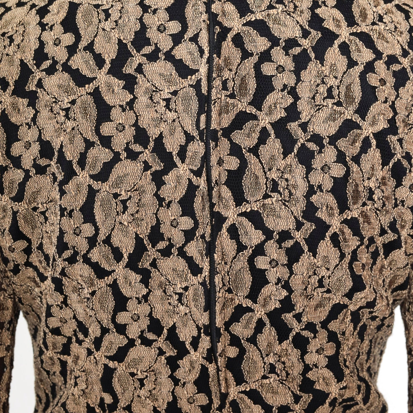 80s Black Tan Lace Chiffon Midi Dress Puff Sleeve Drop Waist Medium