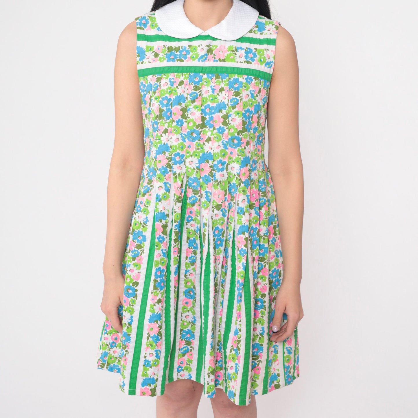 1960s Floral Seersucker Mini Dress Peter Pan Collar Pleated A-Line Green Extra Small