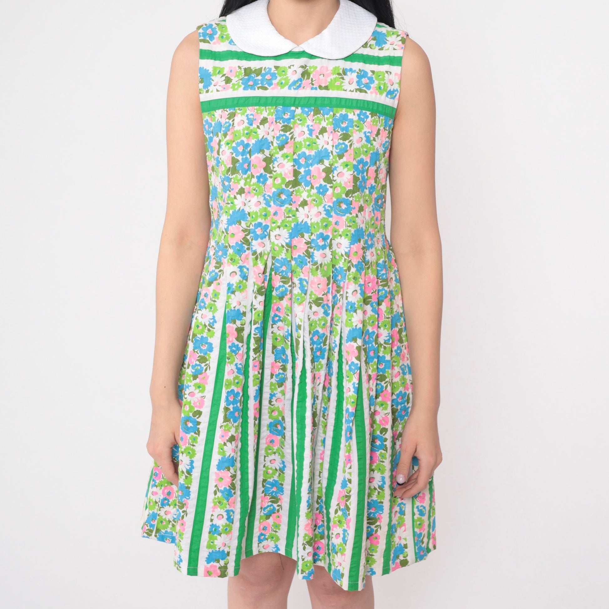 1960s Floral Seersucker Mini Dress Peter Pan Collar Pleated A-Line Green Extra Small
