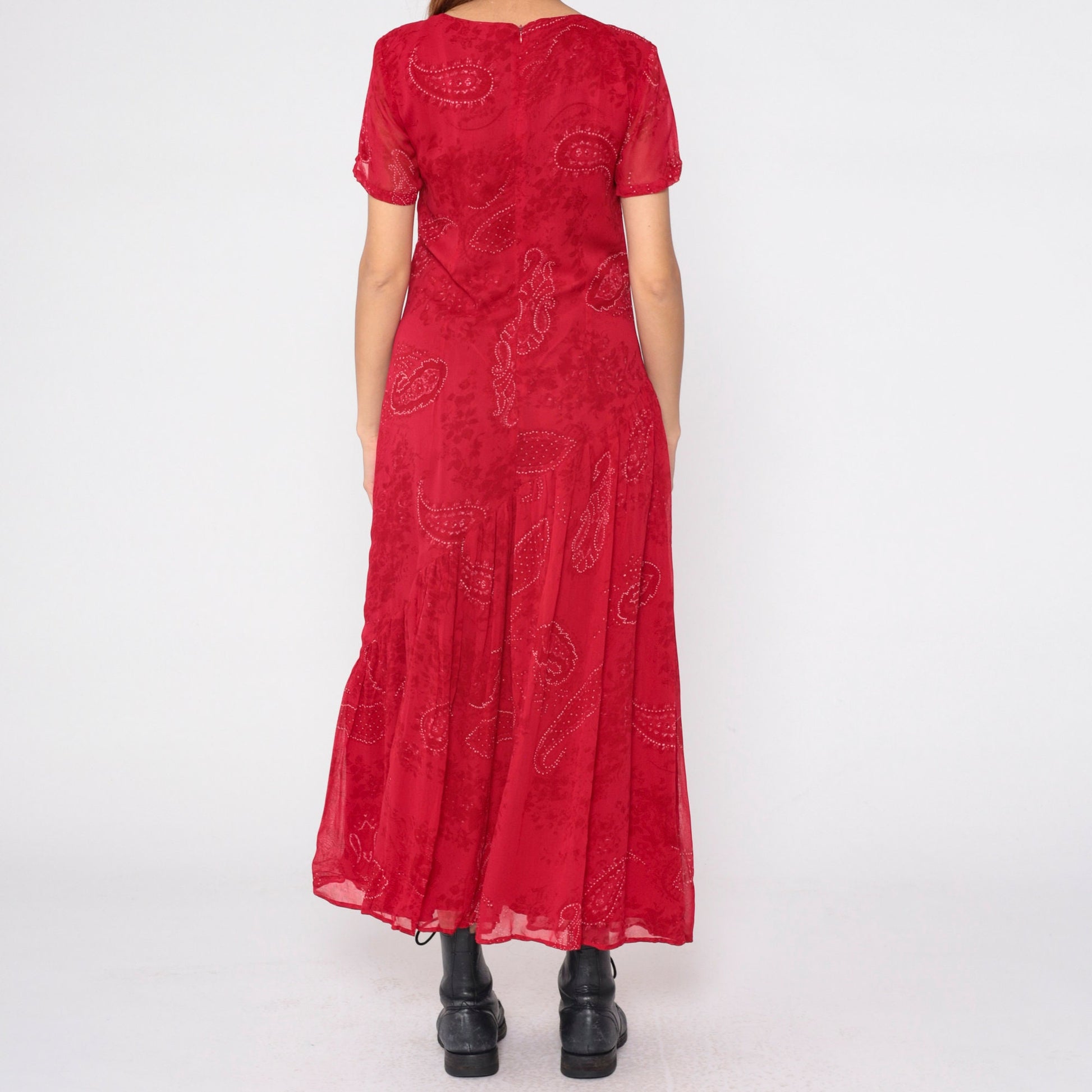 90s Red Paisley Maxi Dress Asymmetrical Drop Waist Short Sleeve Medium