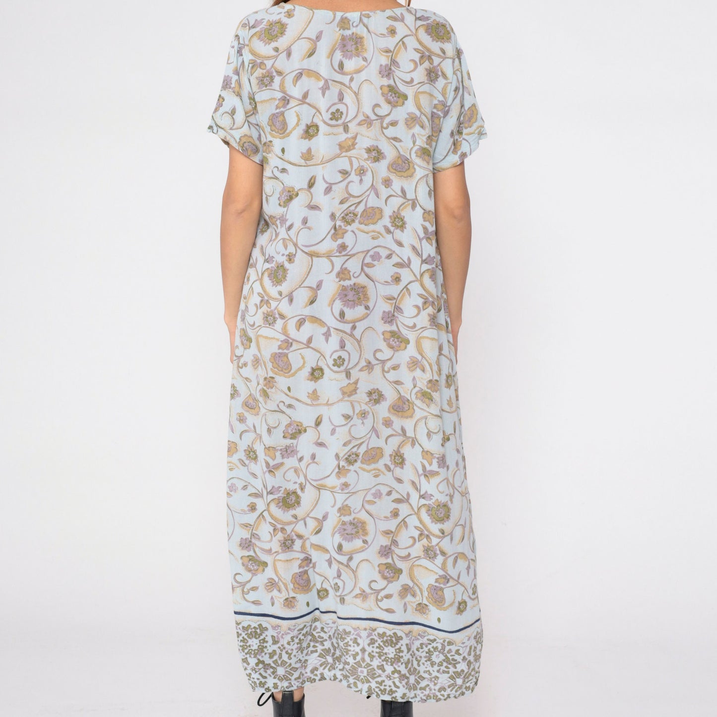 Y2K Indian Floral Midi Dress Light Blue Short Sleeve Small S