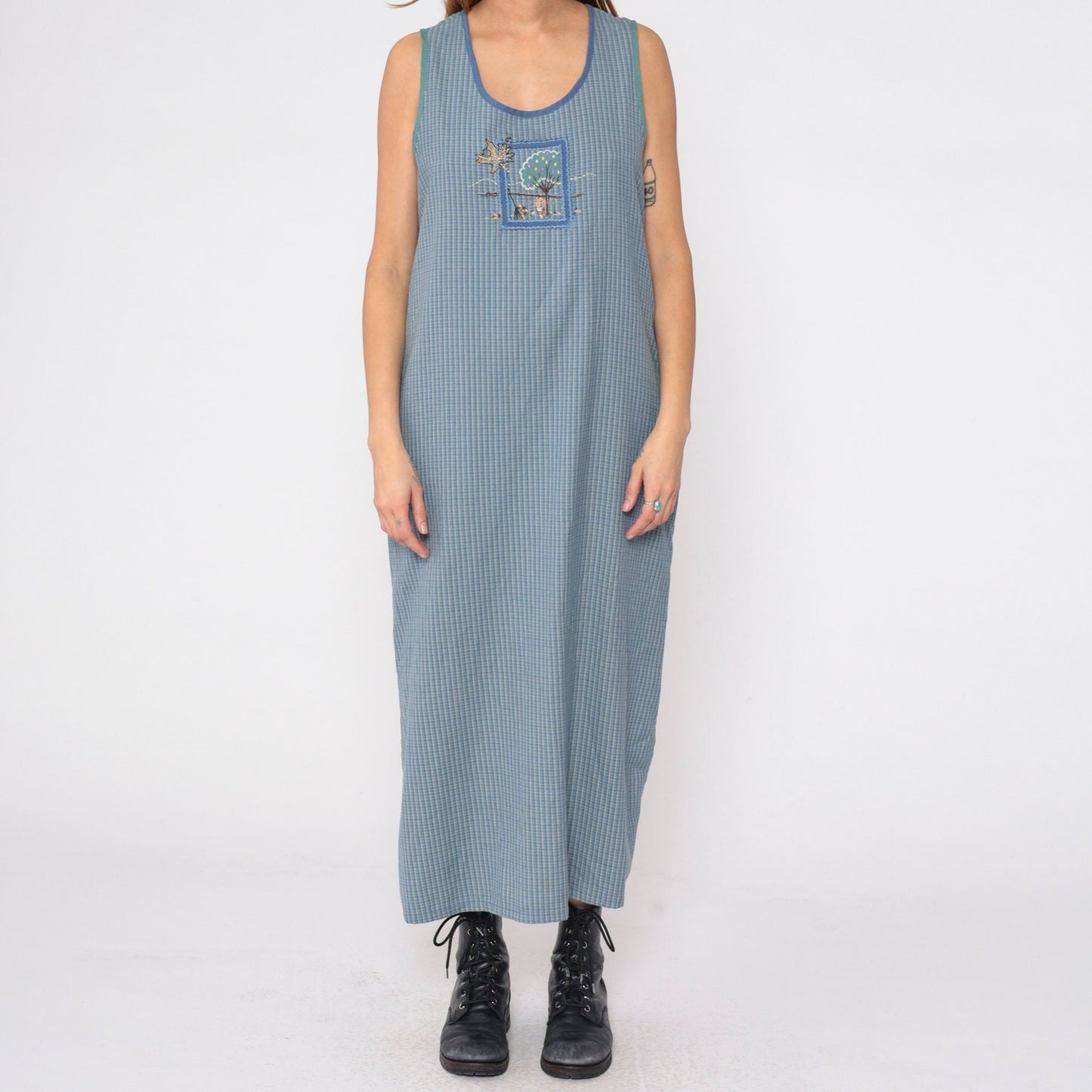 90s Blue Checkered Maxi Dress Embroidered Autumn Tree Sleeveless Pockets Large L