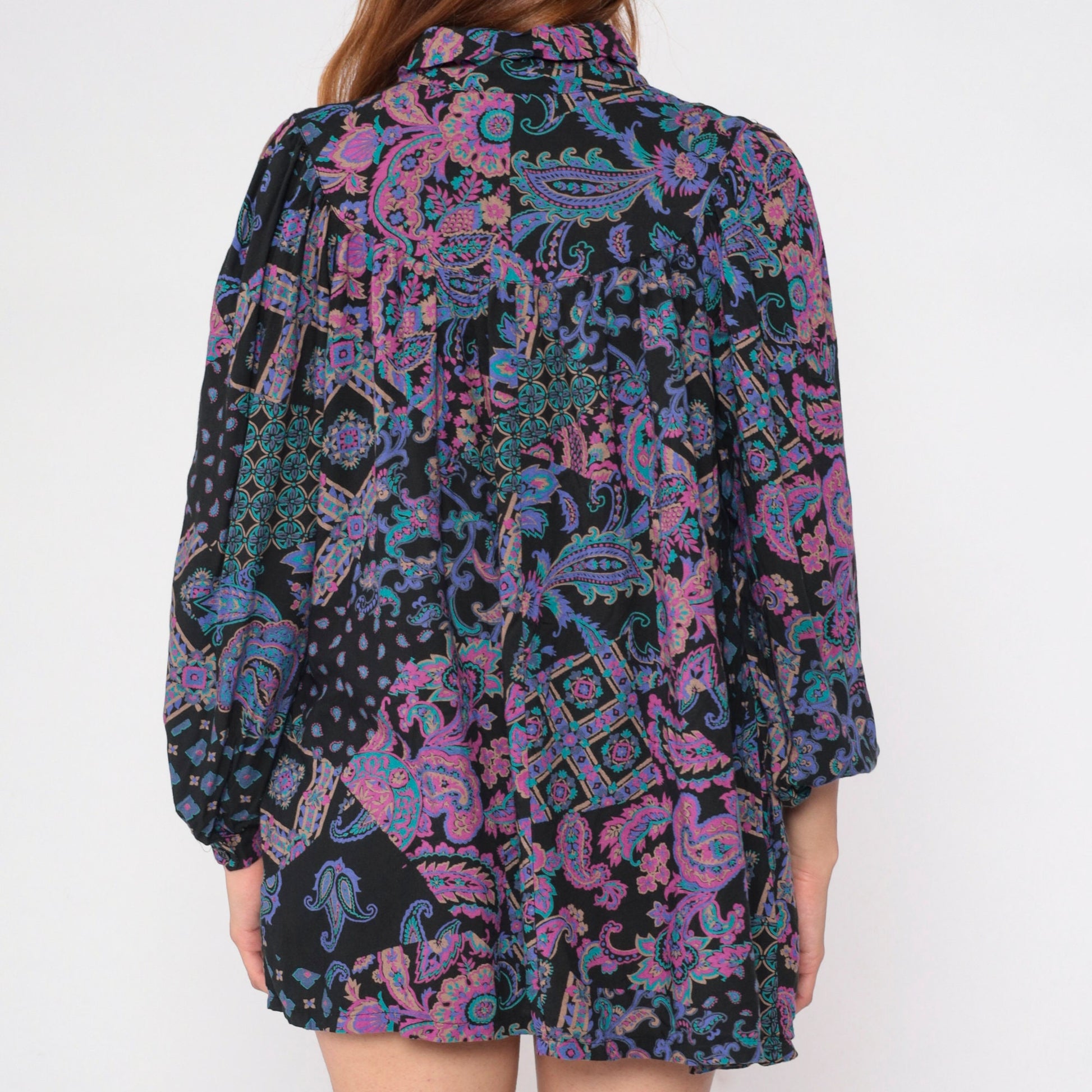 90s Black Abstract Floral Paisley Tunic Mini Dress Puff Sleeve Collared Medium Large