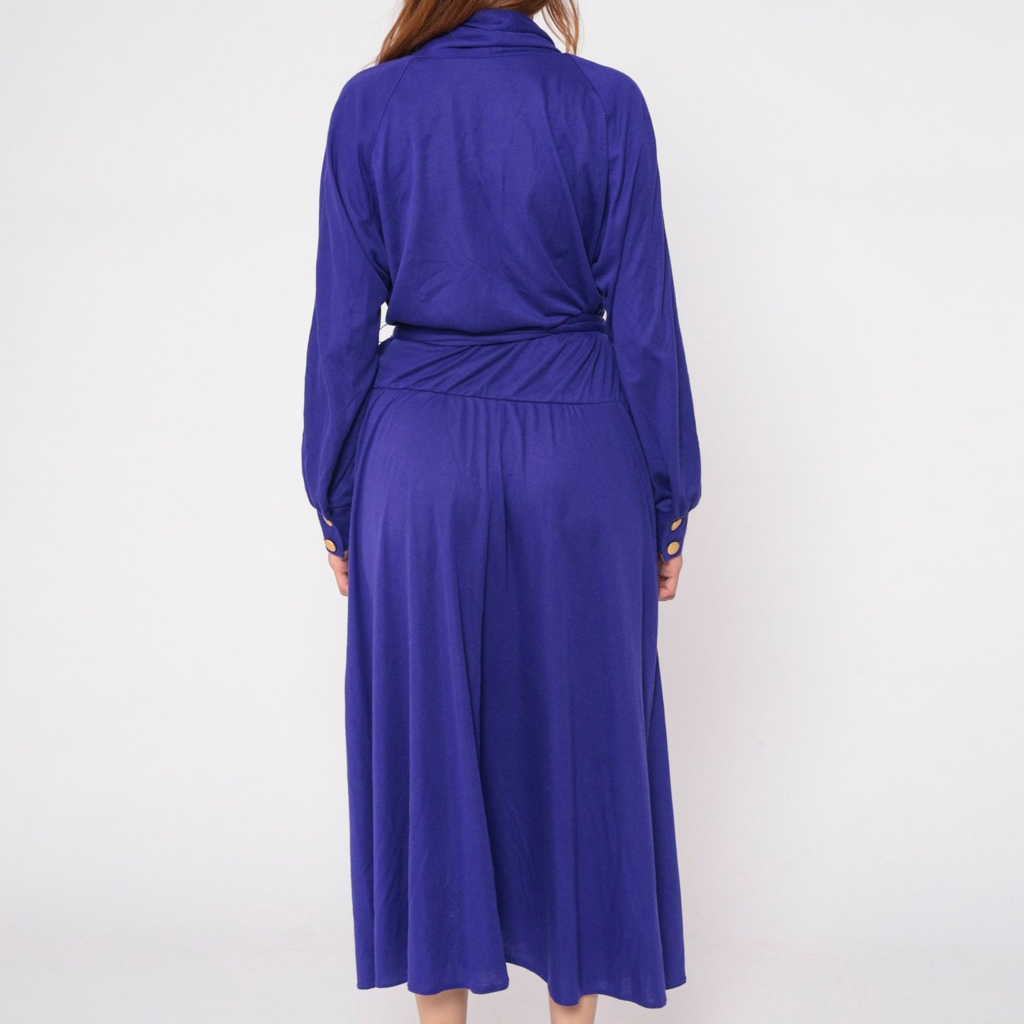 Y2K Purple Wrap Maxi Dress Gold Tassel Long Sleeve Draped Ankle Length Large L