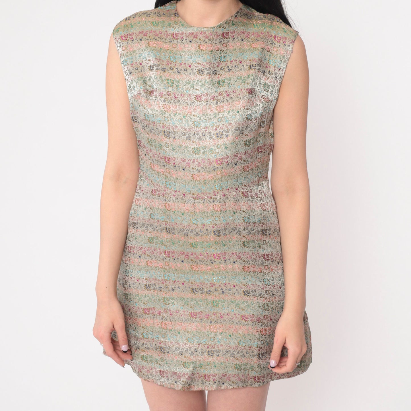 60s Floral Brocade Mini Dress Sleeveless Shift High Waist Small