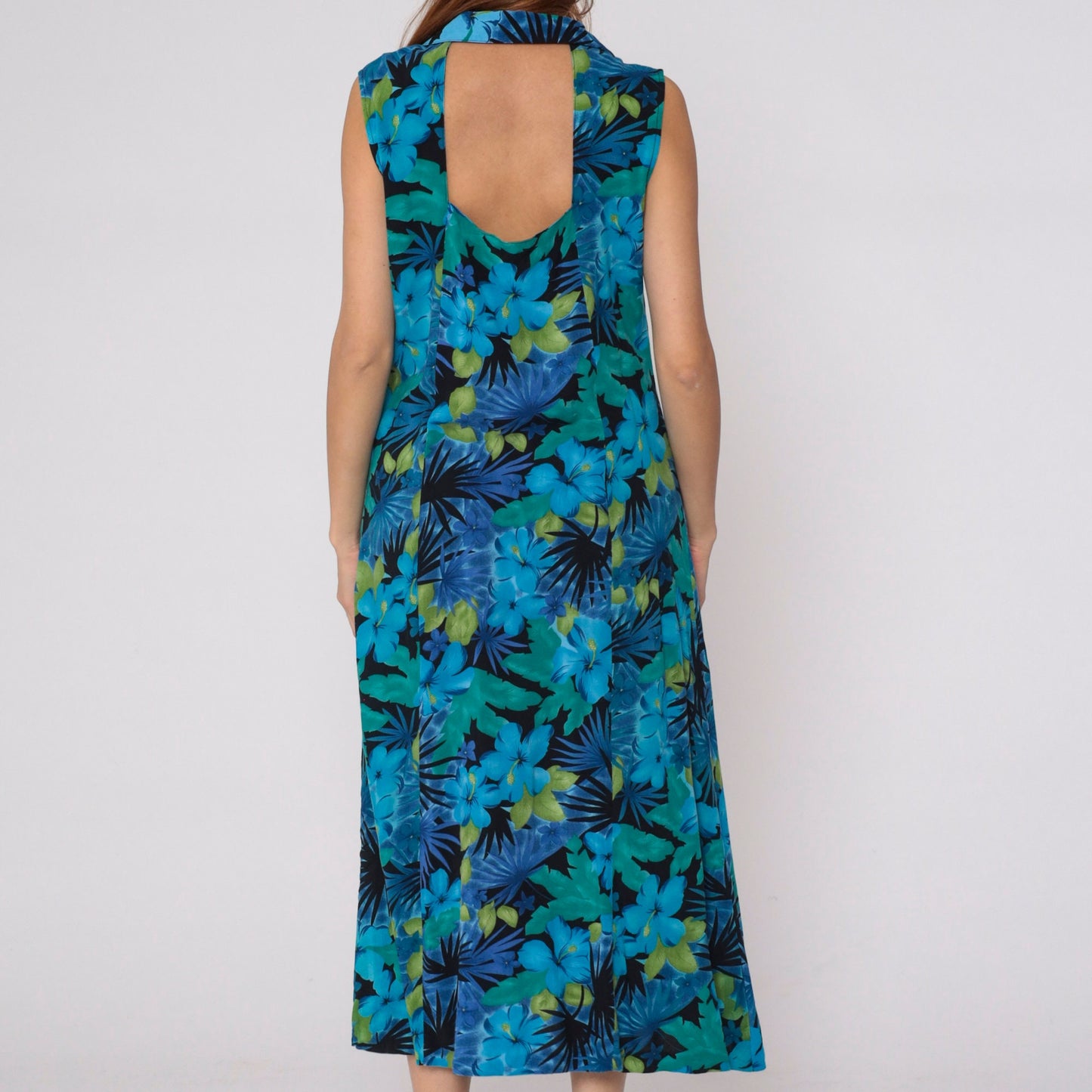 90s Tropical Floral Midi Dress Blue Hibiscus Leaf Print Collared Sleeveless Large
