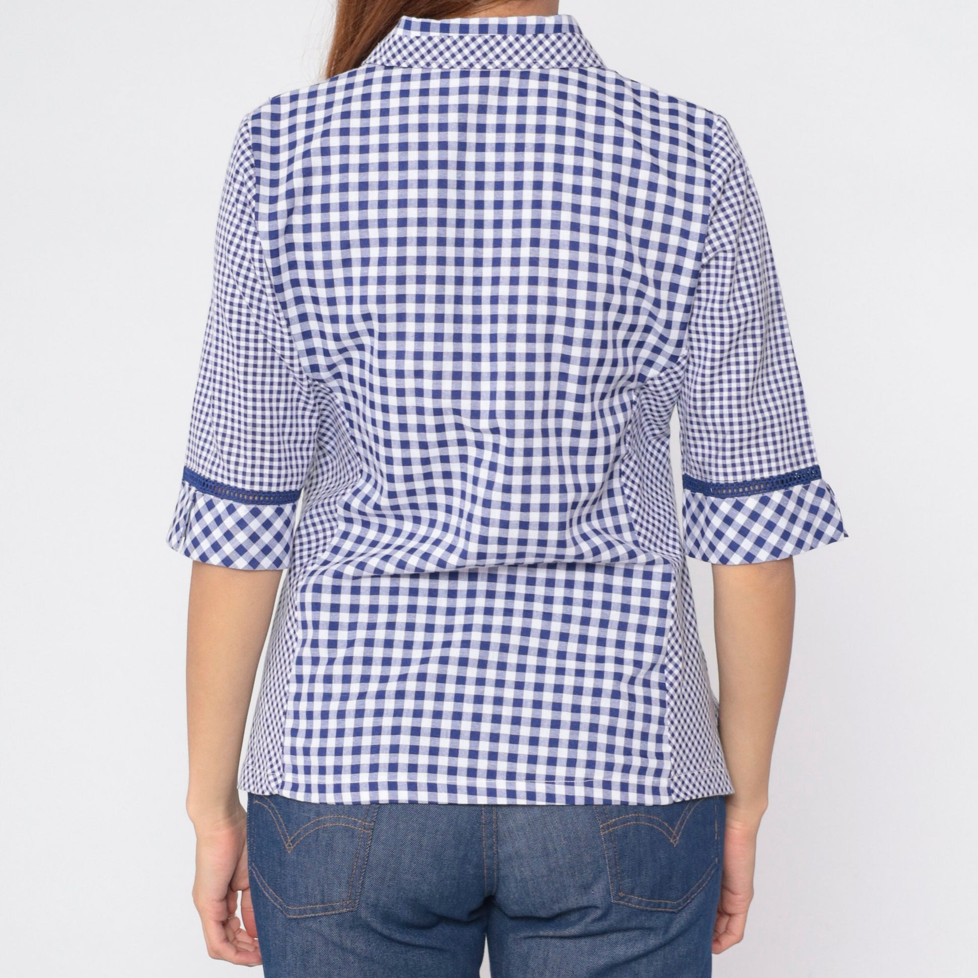 90s Blue White Gingham Button-Up Blouse Half Sleeve Collared Shirt Medium