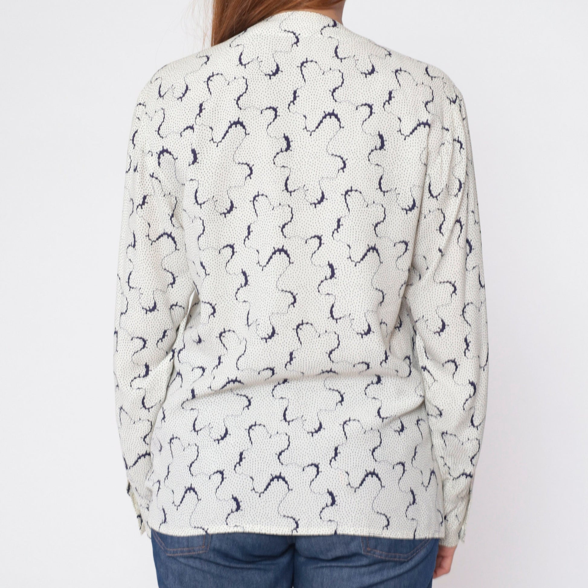 90s Evan Picone Abstract Dot Print Button-Up Blouse White Long Sleeve Medium