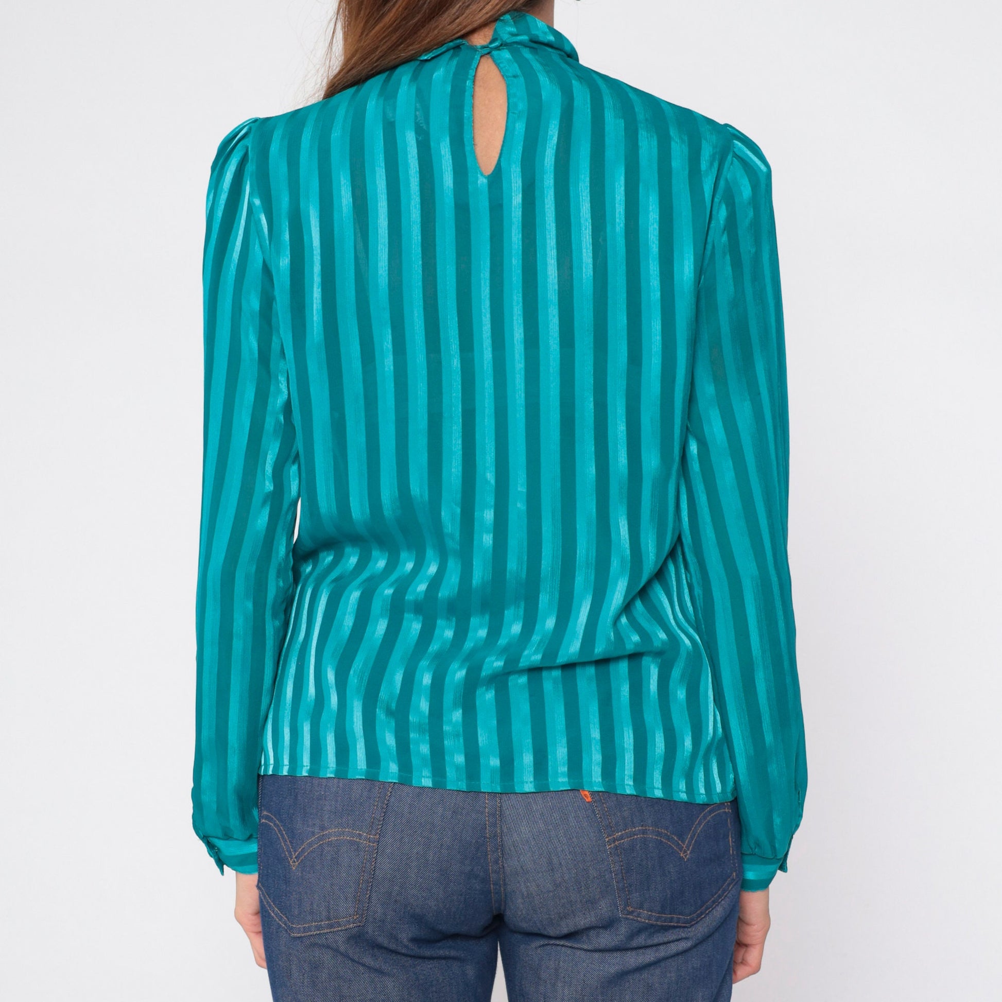 90s Lillian Lawrence Striped Blouse Teal Puff Sleeve Mock Neck Medium M