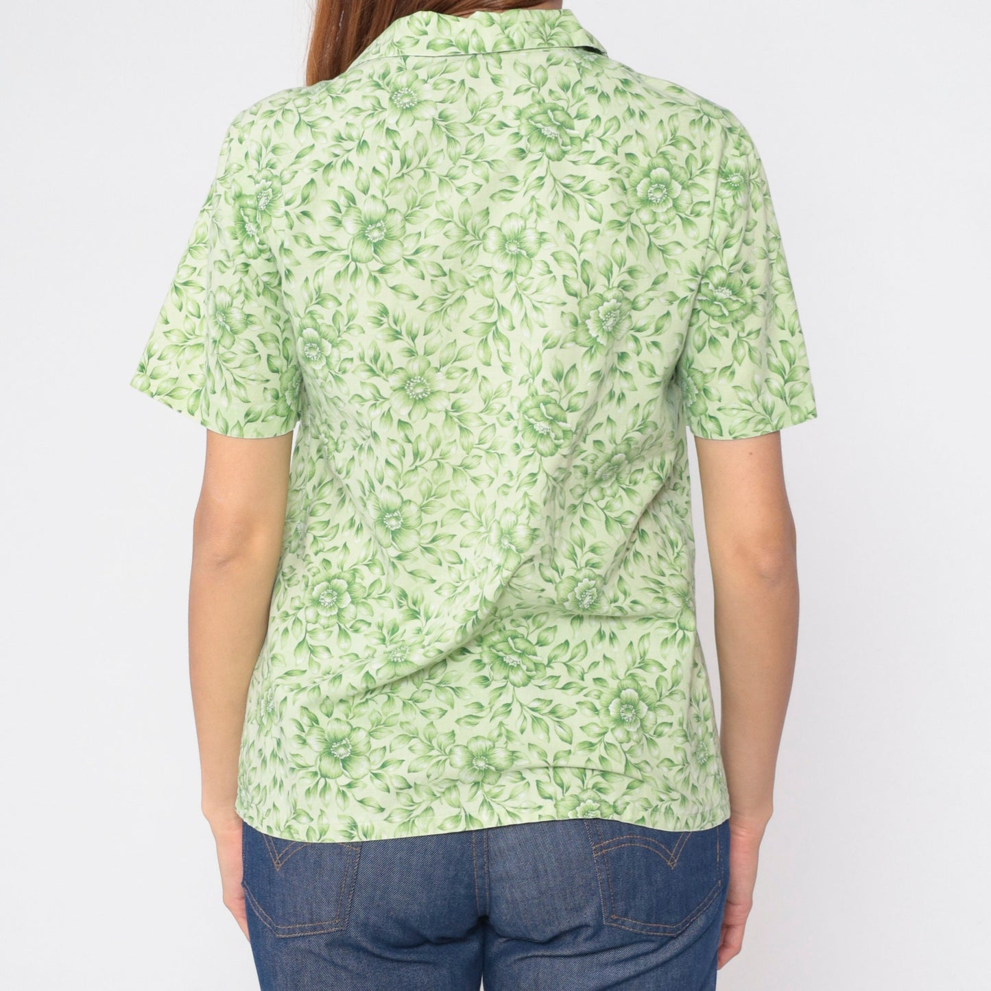 90s Green Floral Button-Up Shirt Short Sleeve Collared Blouse Medium M