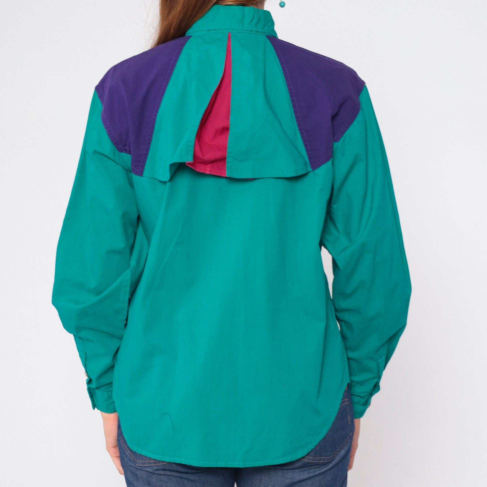 90s Dakota Rodeo Western Blouse Teal Colorblock Yoke Capelet Medium