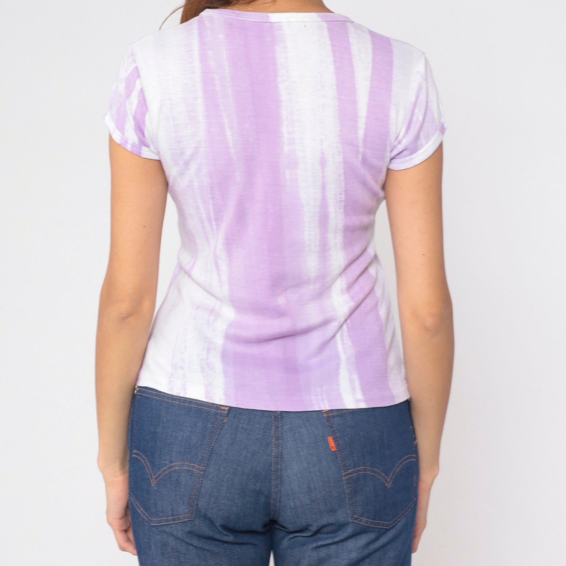 80s Koala Mama Baby Graphic T-Shirt Purple White Striped Cap Sleeve Small Medium