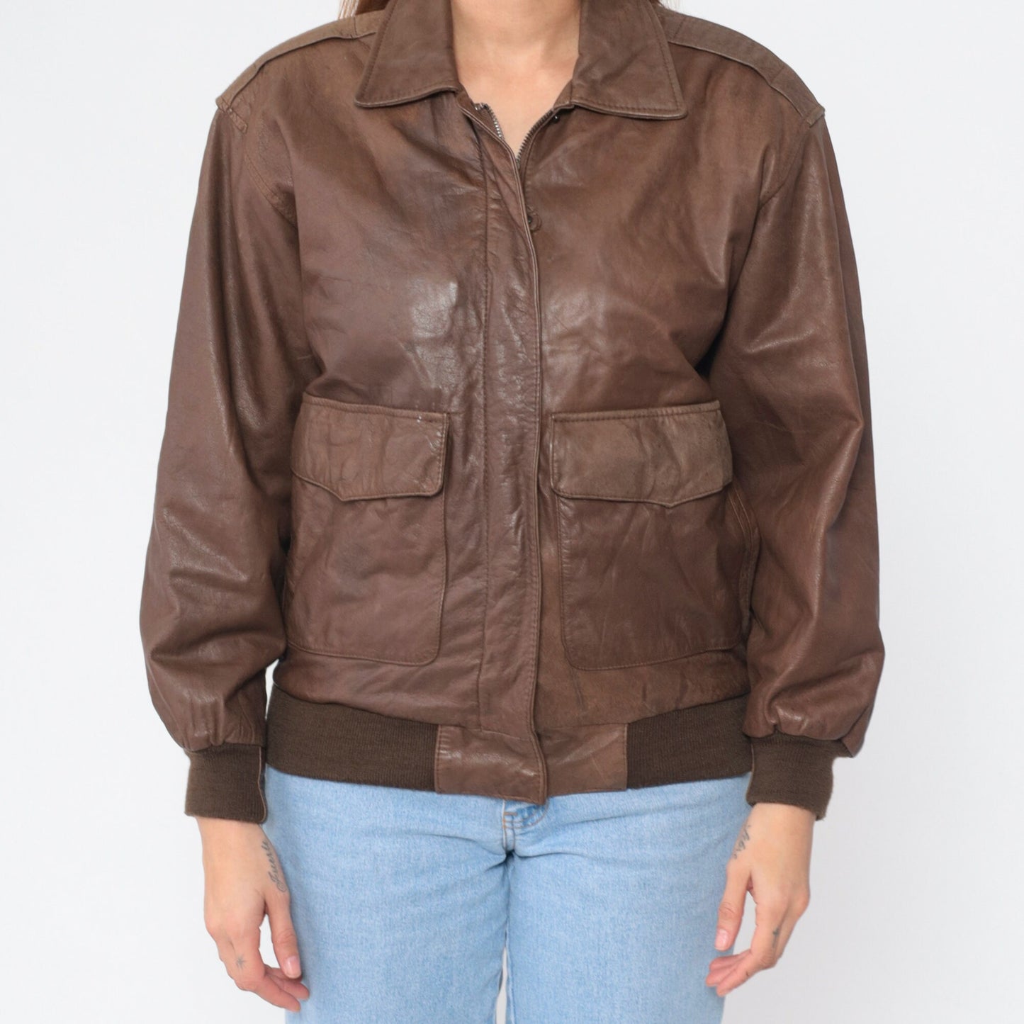 90s Georgetown Leathers Brown Leather Bomber Jacket Small S