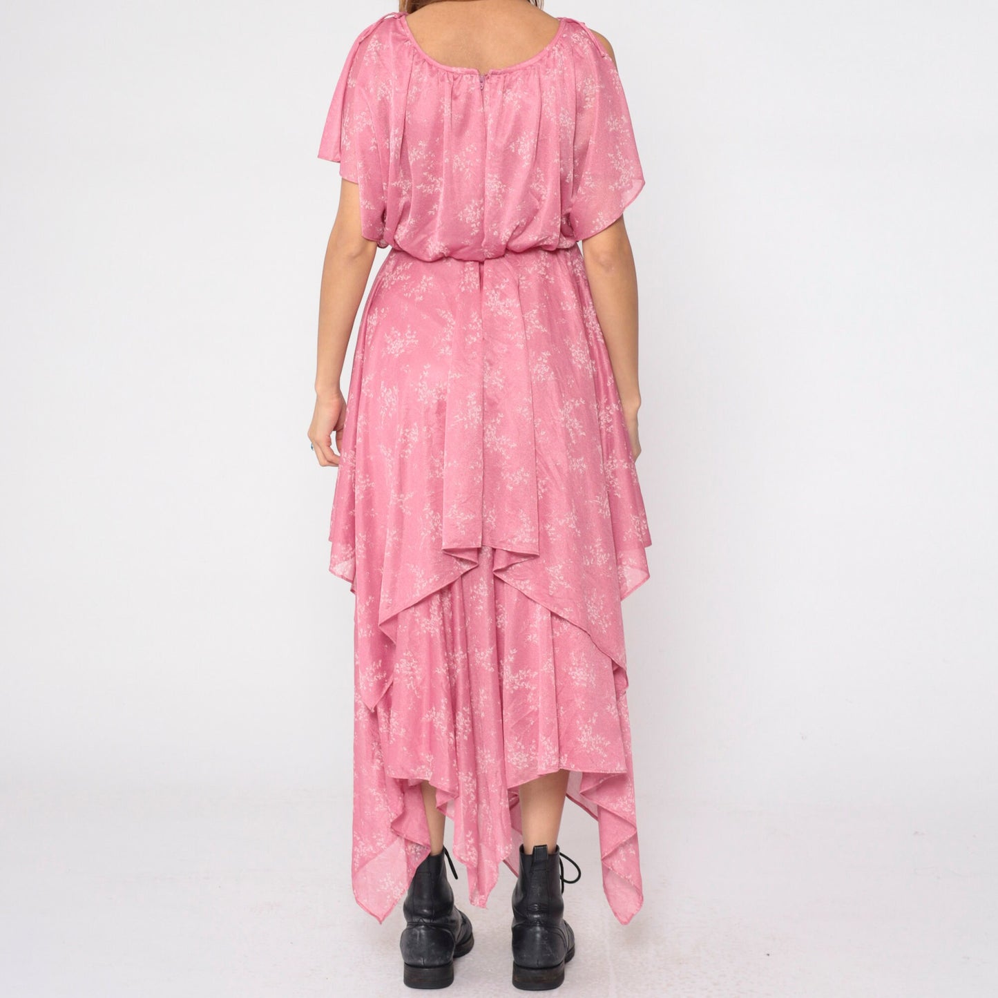 70s Pink Floral Handkerchief Hem Midi Dress Split Sleeve Grecian Small
