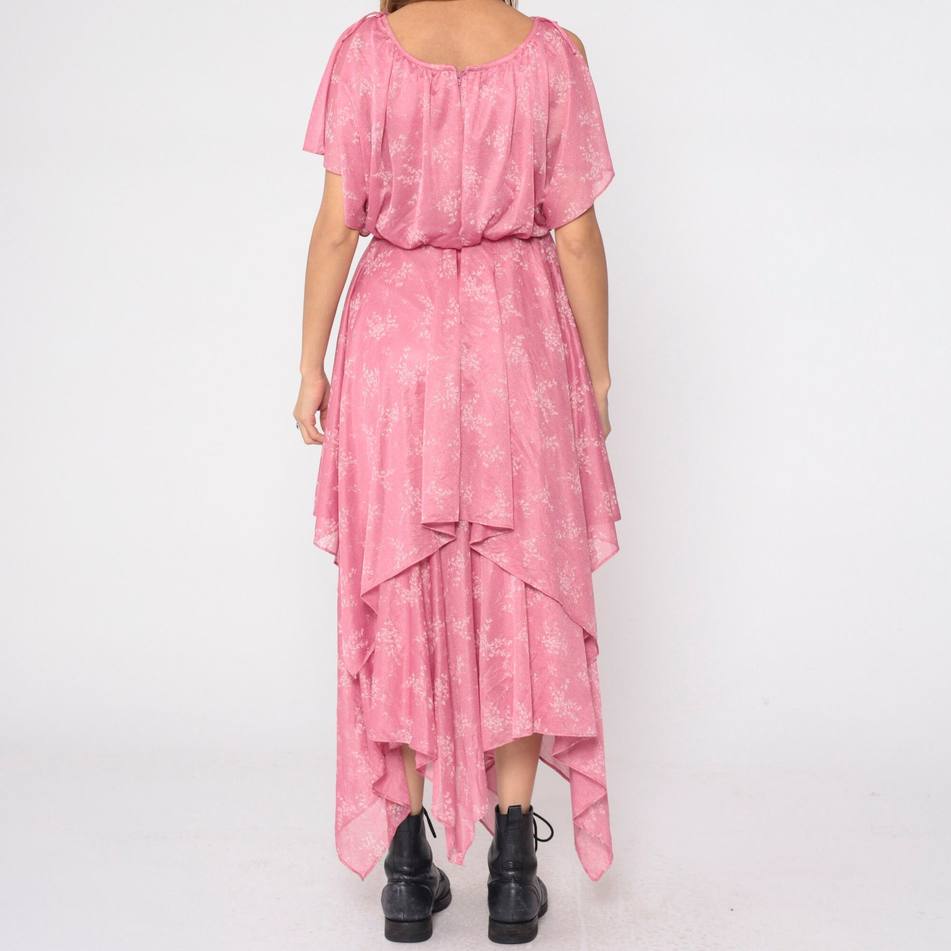 70s Pink Floral Handkerchief Hem Midi Dress Split Sleeve Grecian Small