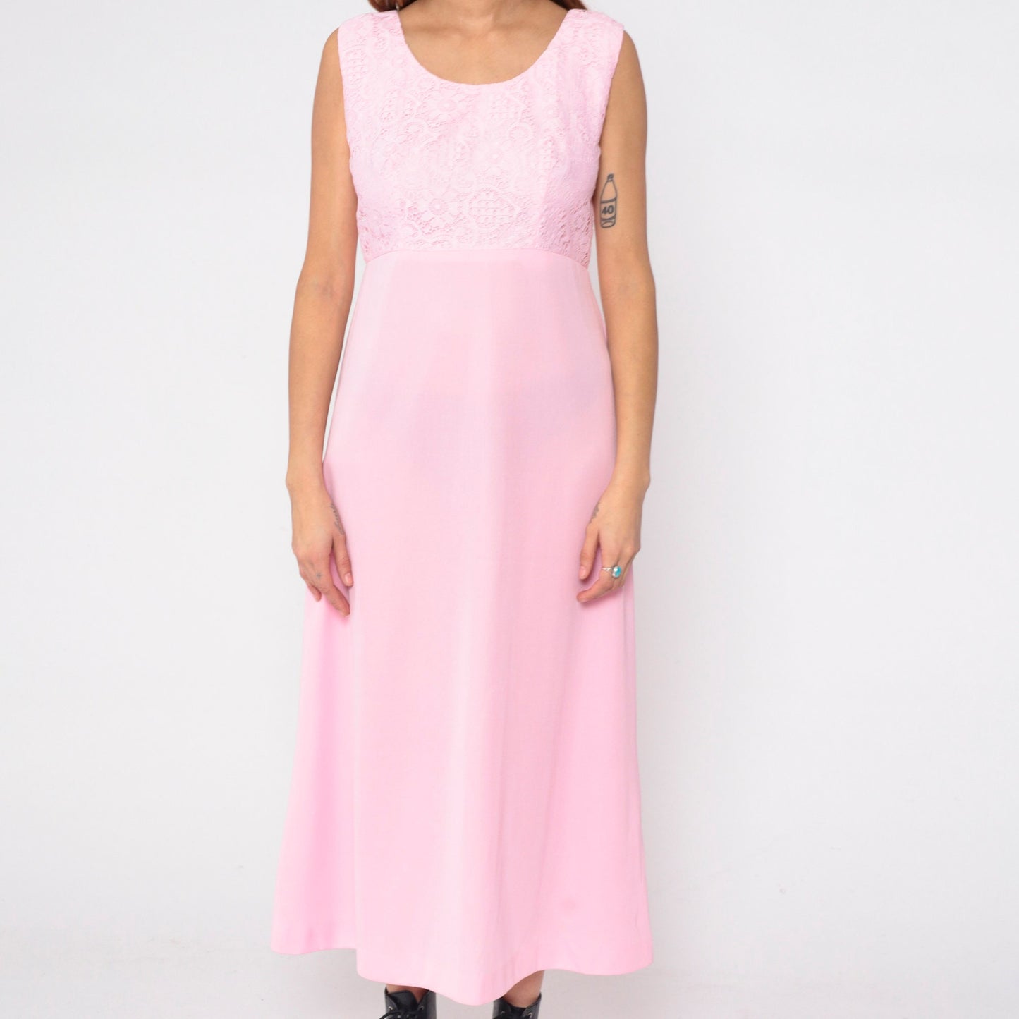 70s Pink Lace Maxi Dress High Waist Scoop Neck Sleeveless Medium