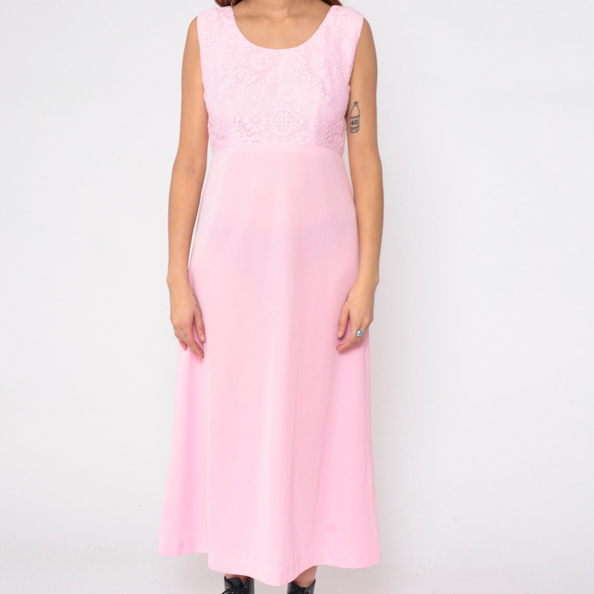 70s Pink Lace Maxi Dress High Waist Scoop Neck Sleeveless Medium