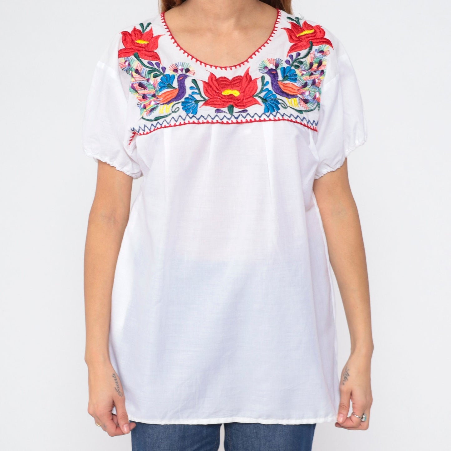 90s Mexican Embroidered Bird Blouse White Cotton Floral Puebla Medium