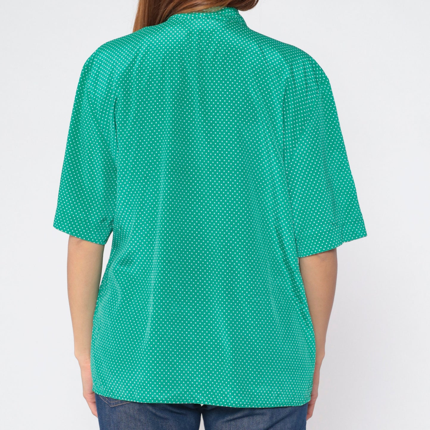 90s Green Polka Dot Blouse V-Neck Pleated Short Sleeve Shirt Large L