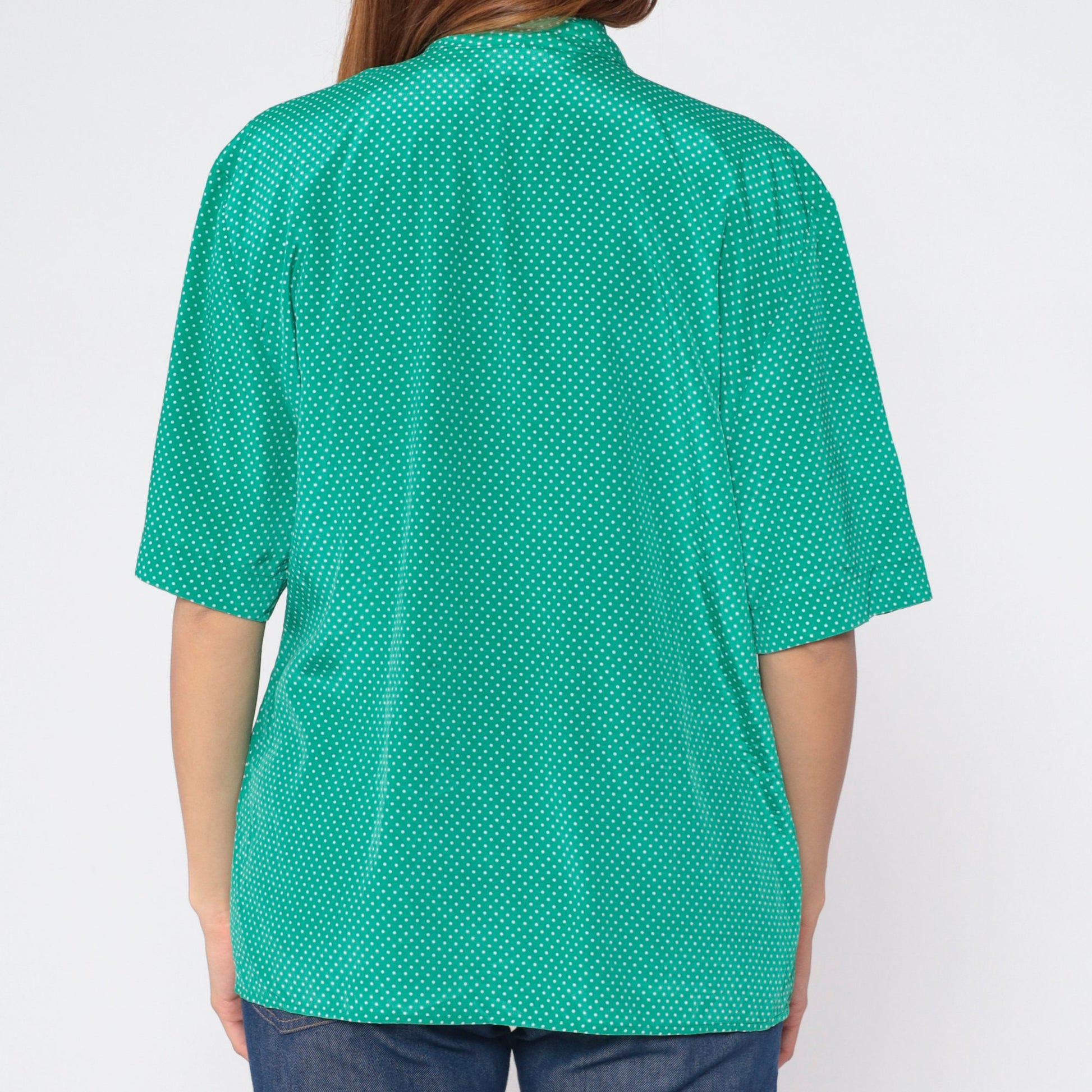 90s Green Polka Dot Blouse V-Neck Pleated Short Sleeve Shirt Large L