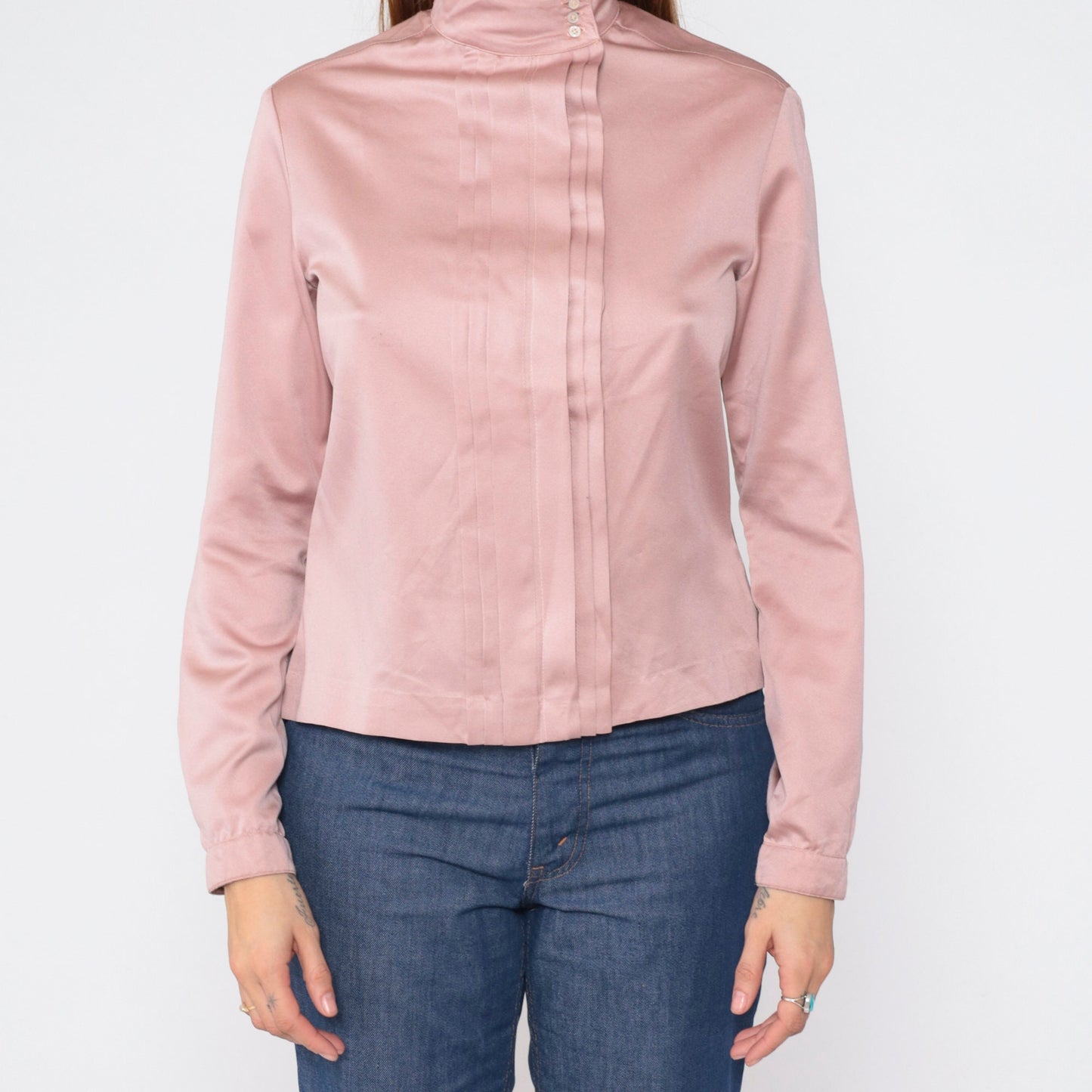 90s Ellen Tracy Pink Pleated Blouse Mock Neck Long Sleeve Medium