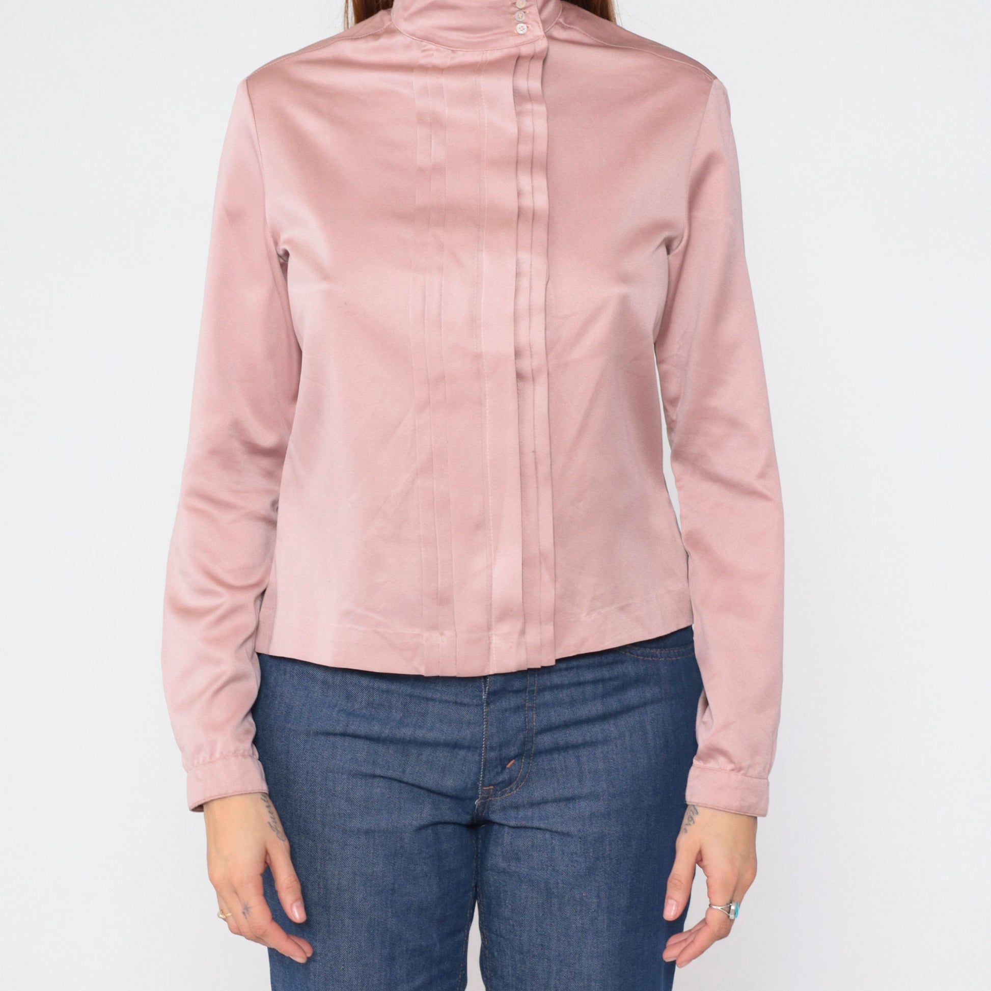 90s Ellen Tracy Pink Pleated Blouse Mock Neck Long Sleeve Medium