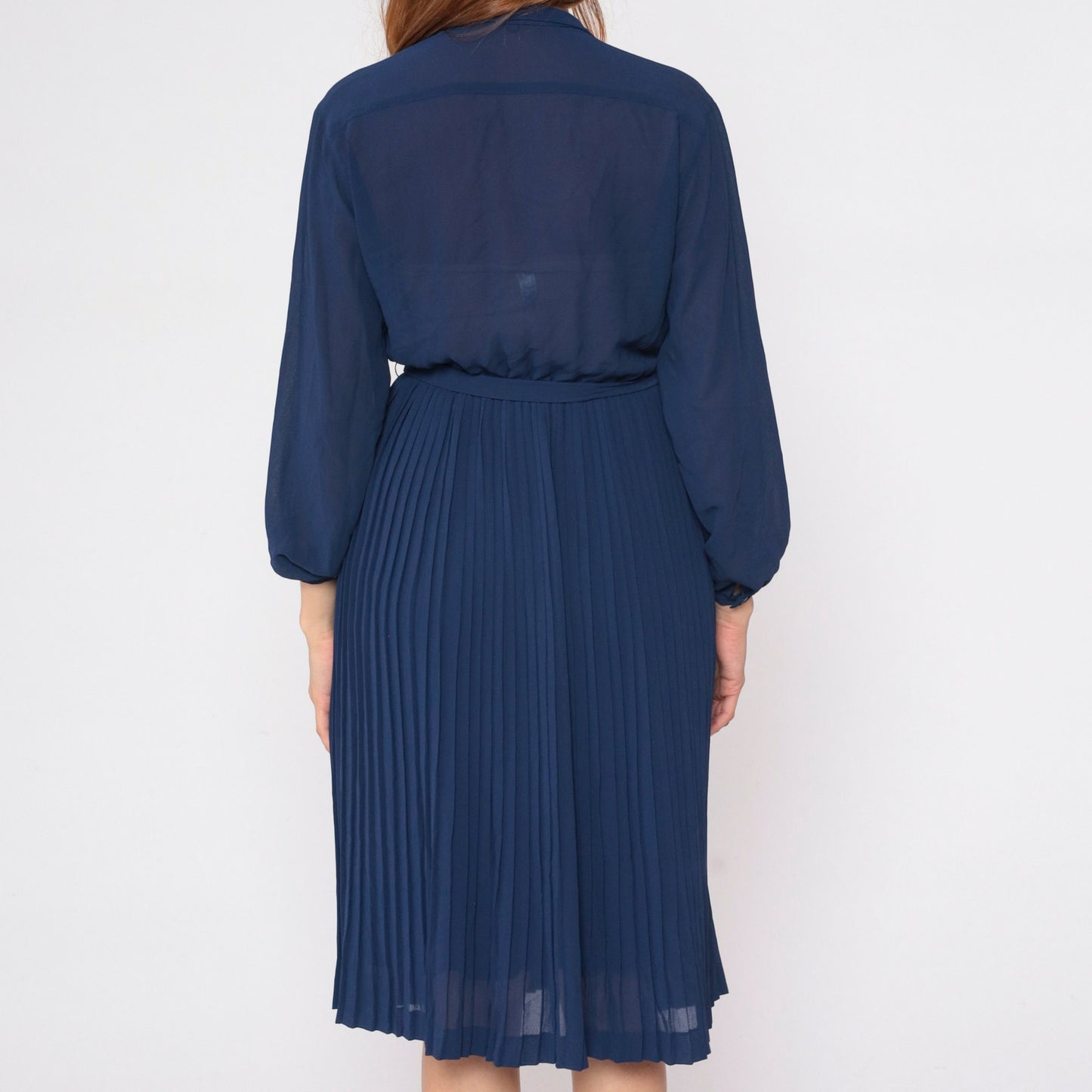 70s Navy Floral Sheer Dress High Waist Pleated Midi Long Sleeve Small