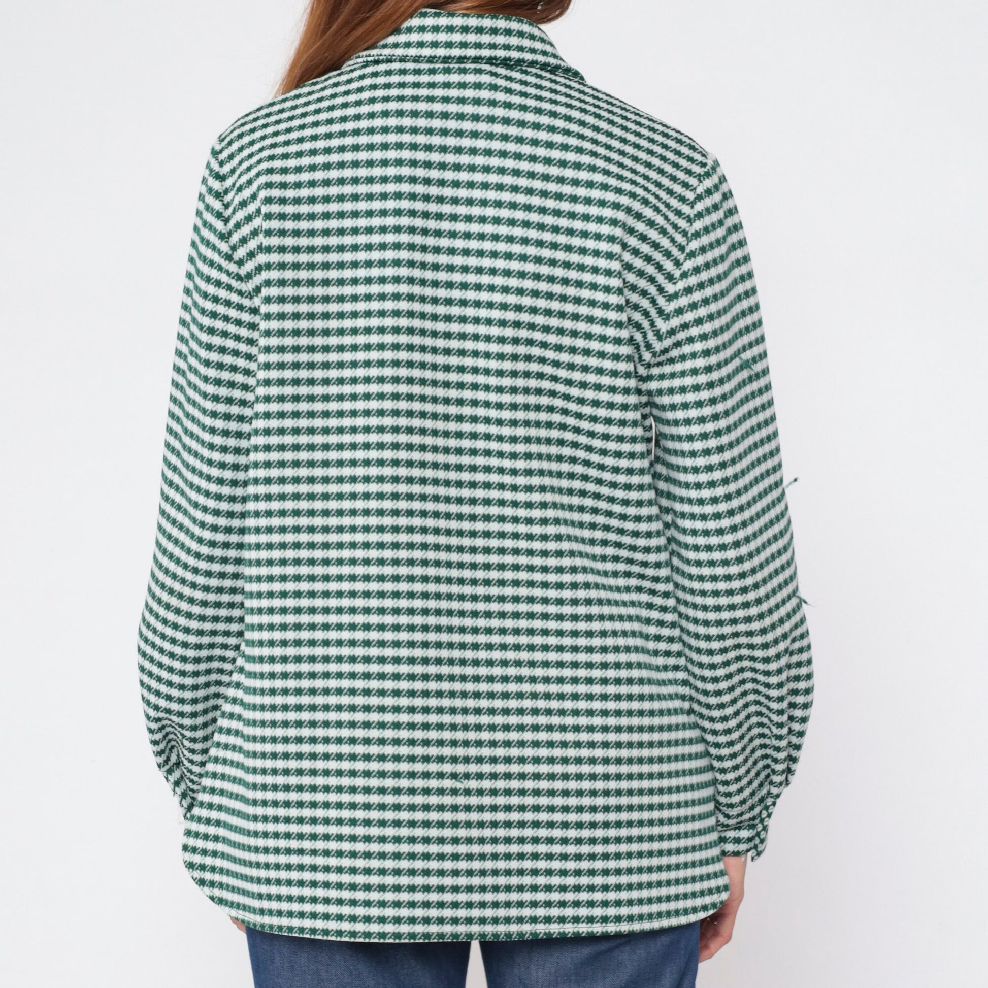 70s Green White Checkered Button-Up Blouse Long Sleeve Collared Shirt Extra Large