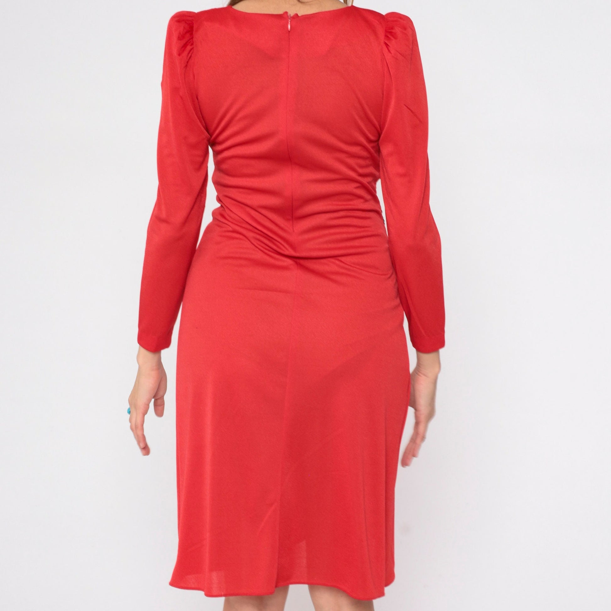 80s Red Sequin Draped Midi Dress Puff Sleeve Grecian Disco Small