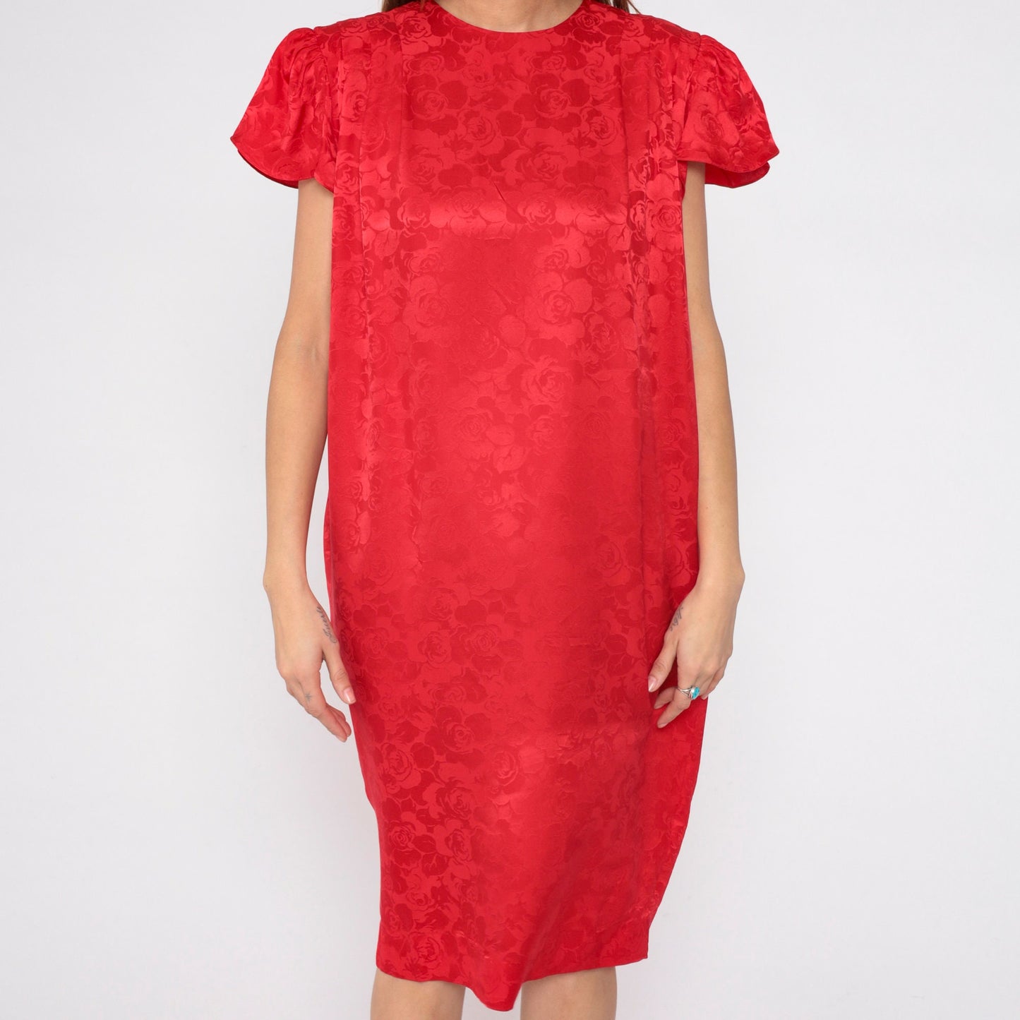80s Lauren Alexandra Red Silk Floral Midi Dress Puff Sleeve Medium 10