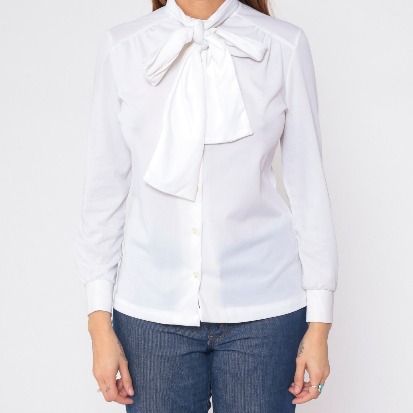 70s White Necktie Blouse Long Sleeve Button Up Ascot Shirt Medium