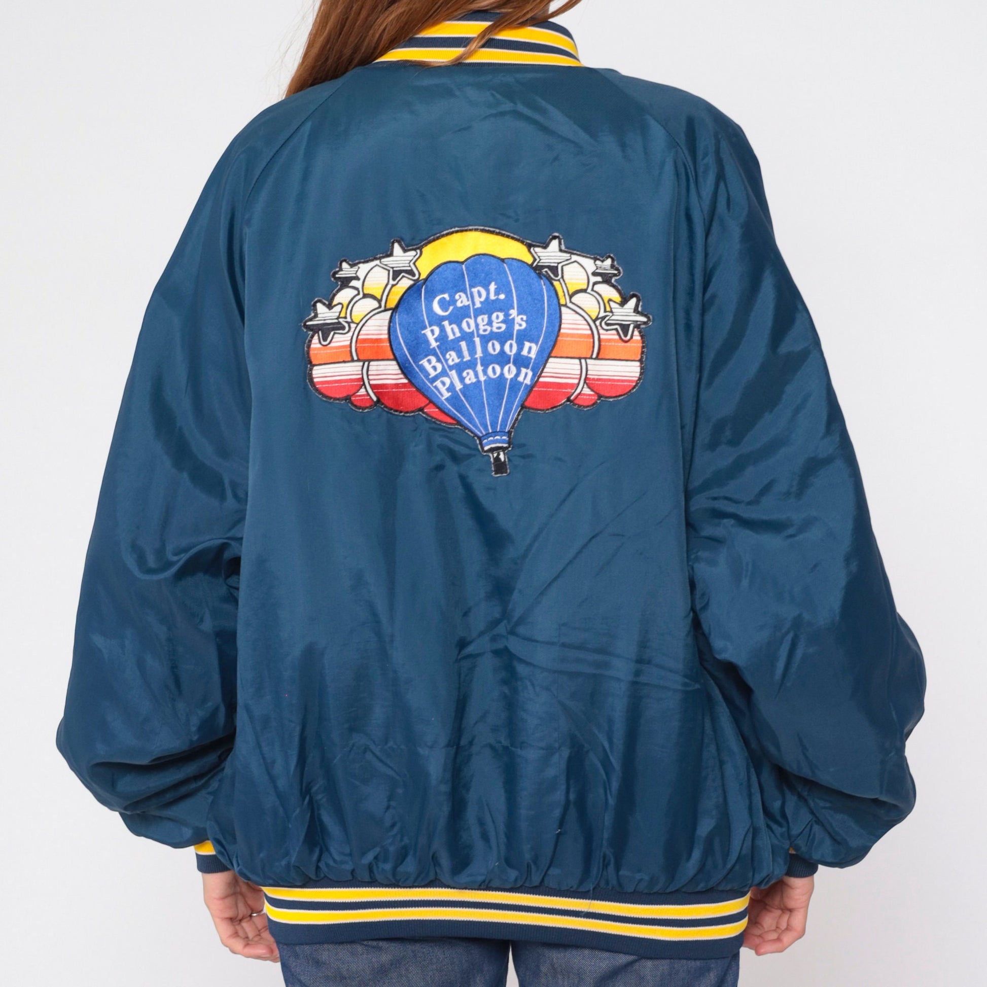80s Capt Phoggs Balloon Platoon Bomber Jacket Blue Quilted Raglan XXL