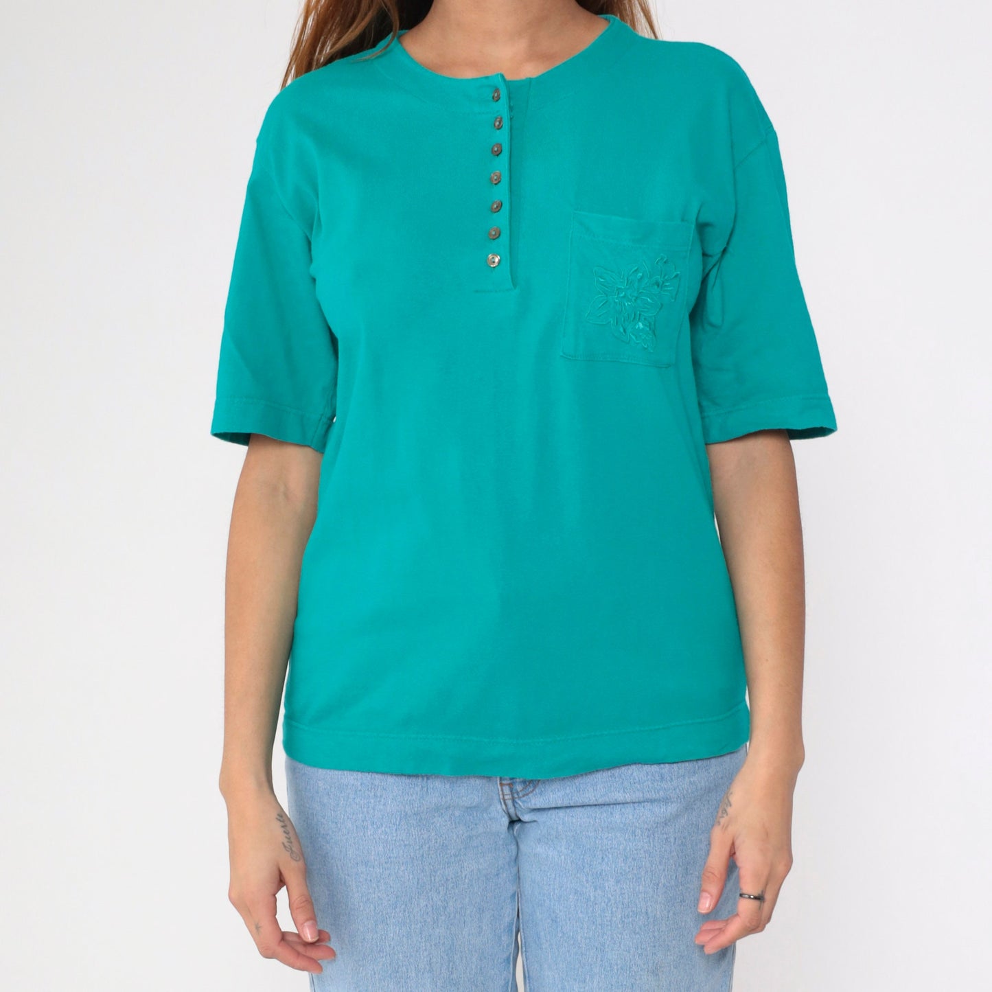 90s Teal Henley Tee Floral Embroidered Pocket Cotton Small